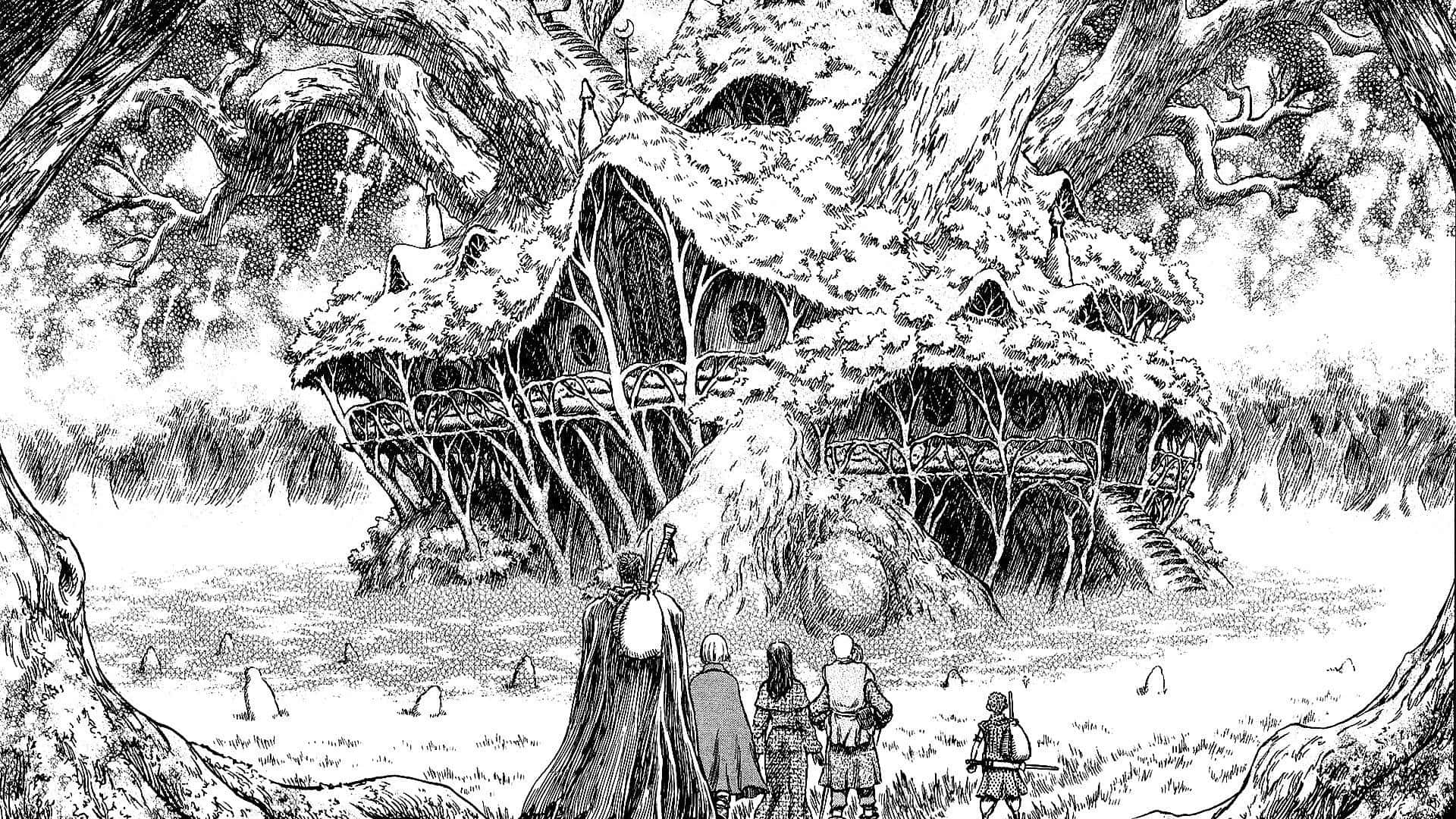 Guts, The Black Swordsman, Flanked By His Fellow Companions As Featured In Kentaro Miura's Berserk Manga. Background