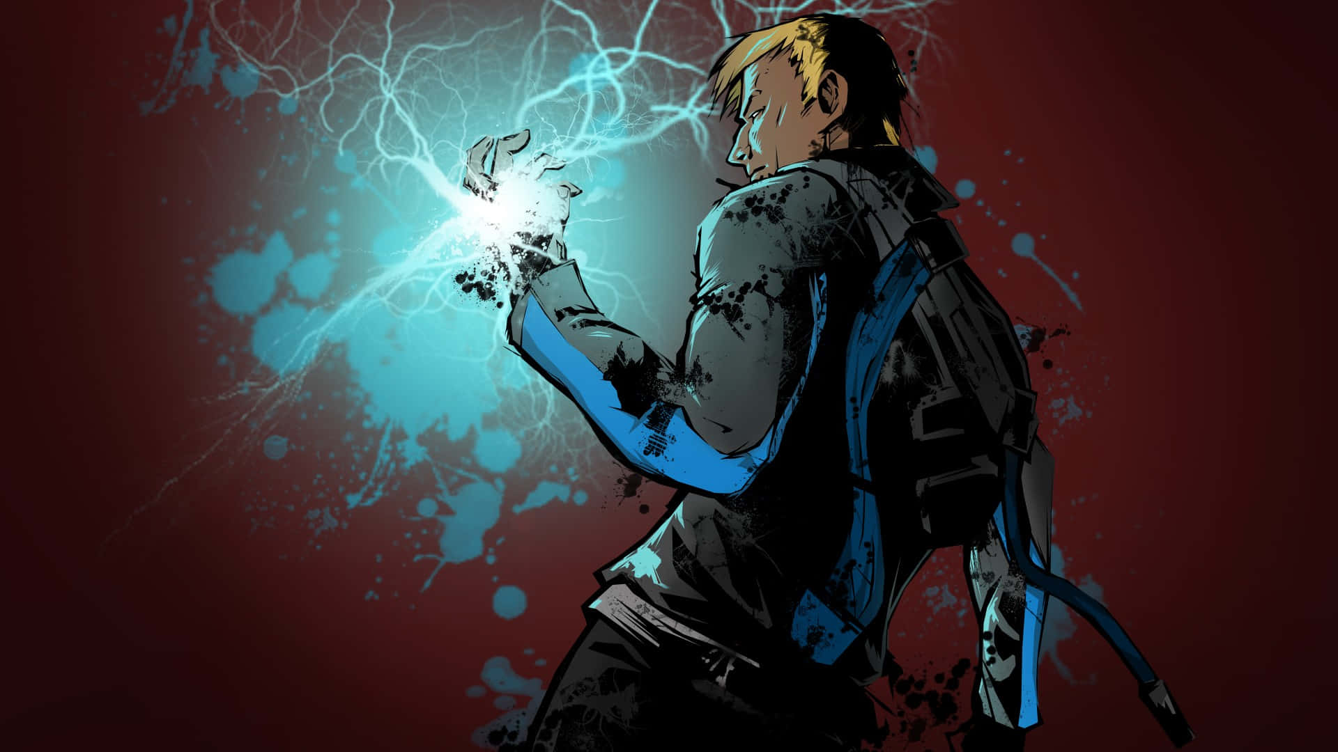 Guy Character In Infamous With Blue Bolt On His Hands Background