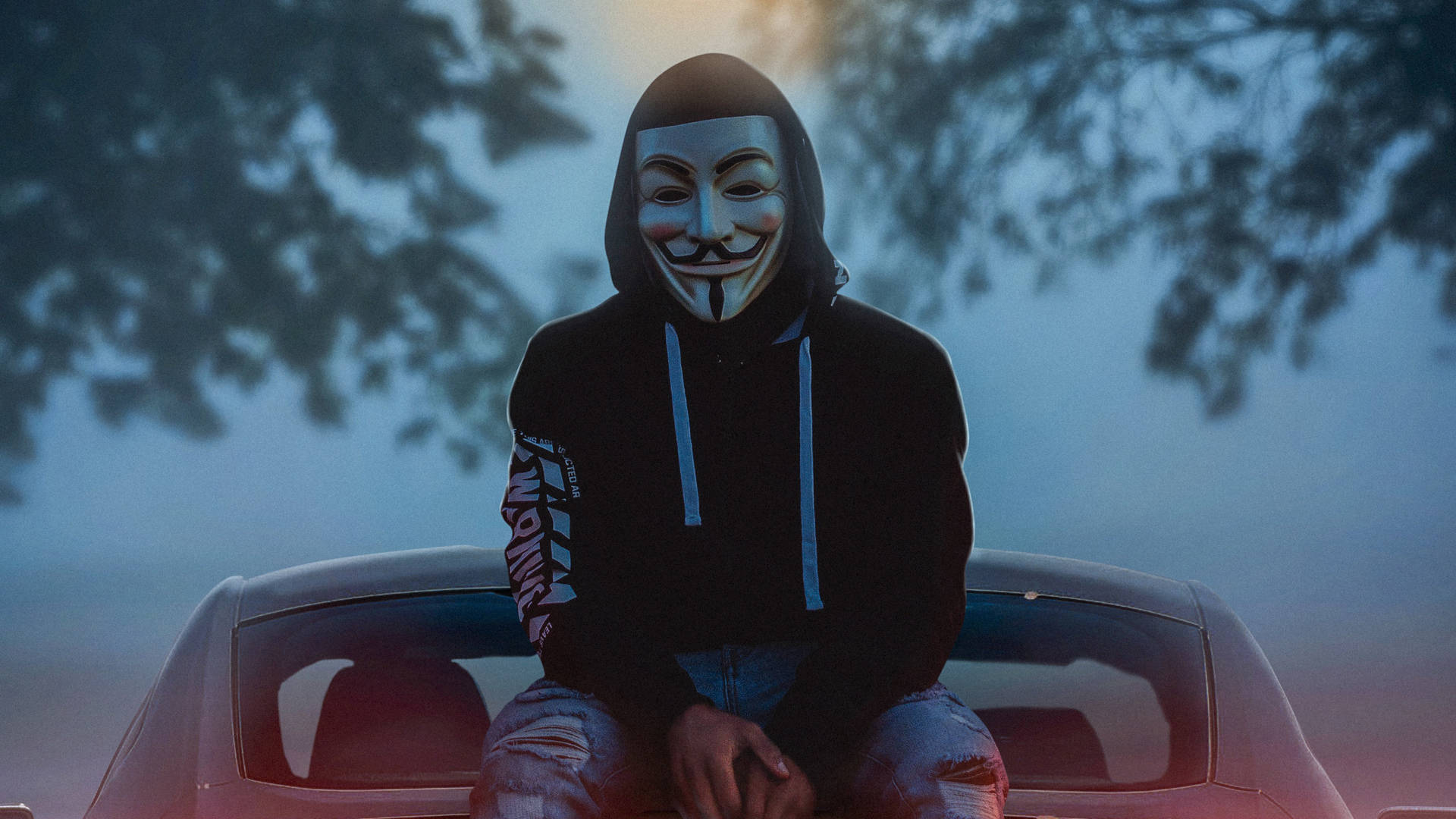Guy Fawkes Mask On Car Trunk Background