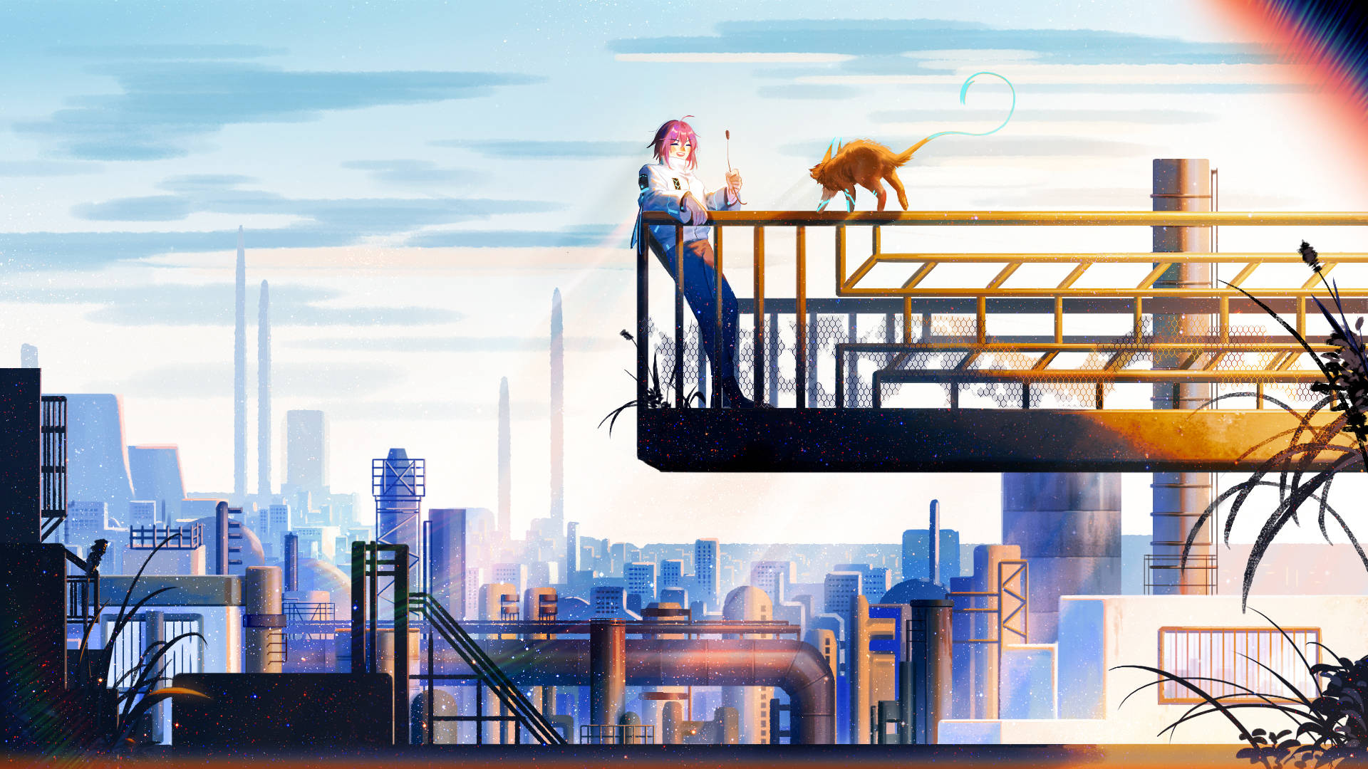Guy Playing Cat Anime Art Background