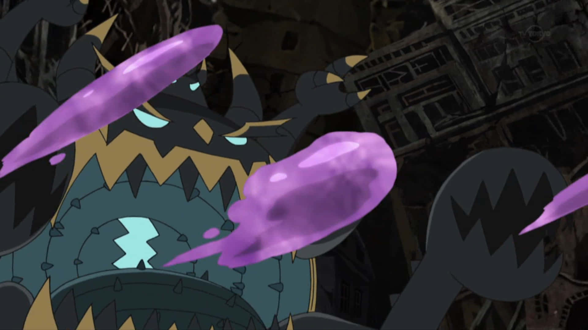 Guzzlord Unleashing Violet Projectiles In Battle Background