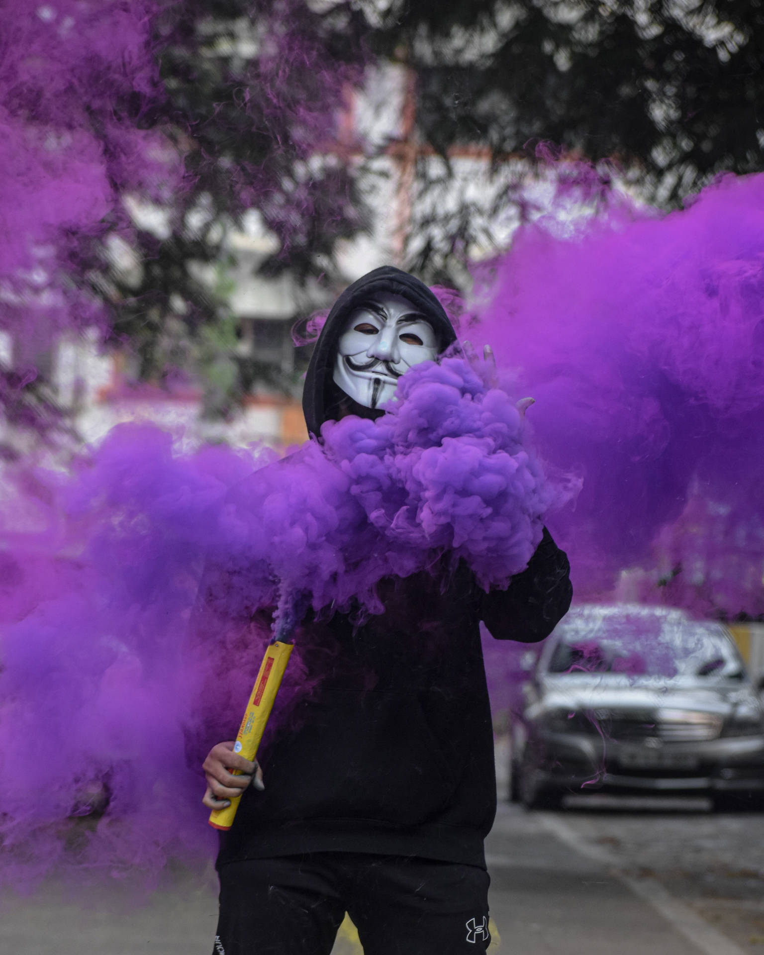 Hacker Mask Purple Smoke Background