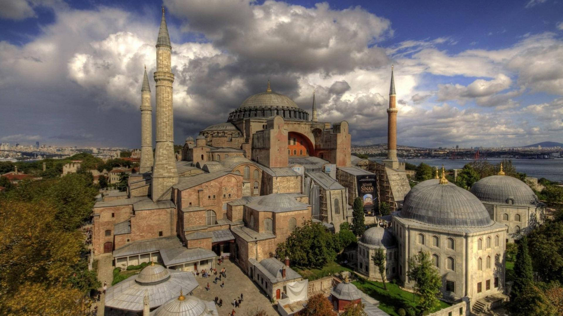 Hagia Sophia With Tourists Background