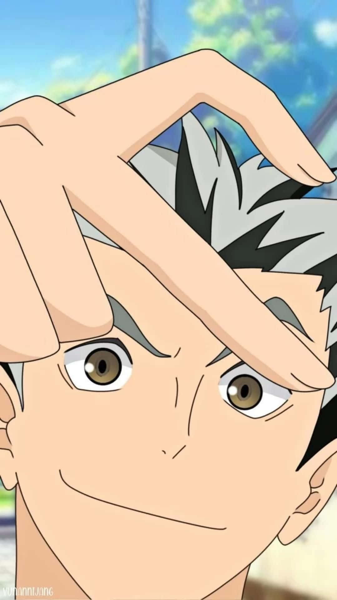 Haikyuu Character Smiling With Hand Gesture Background