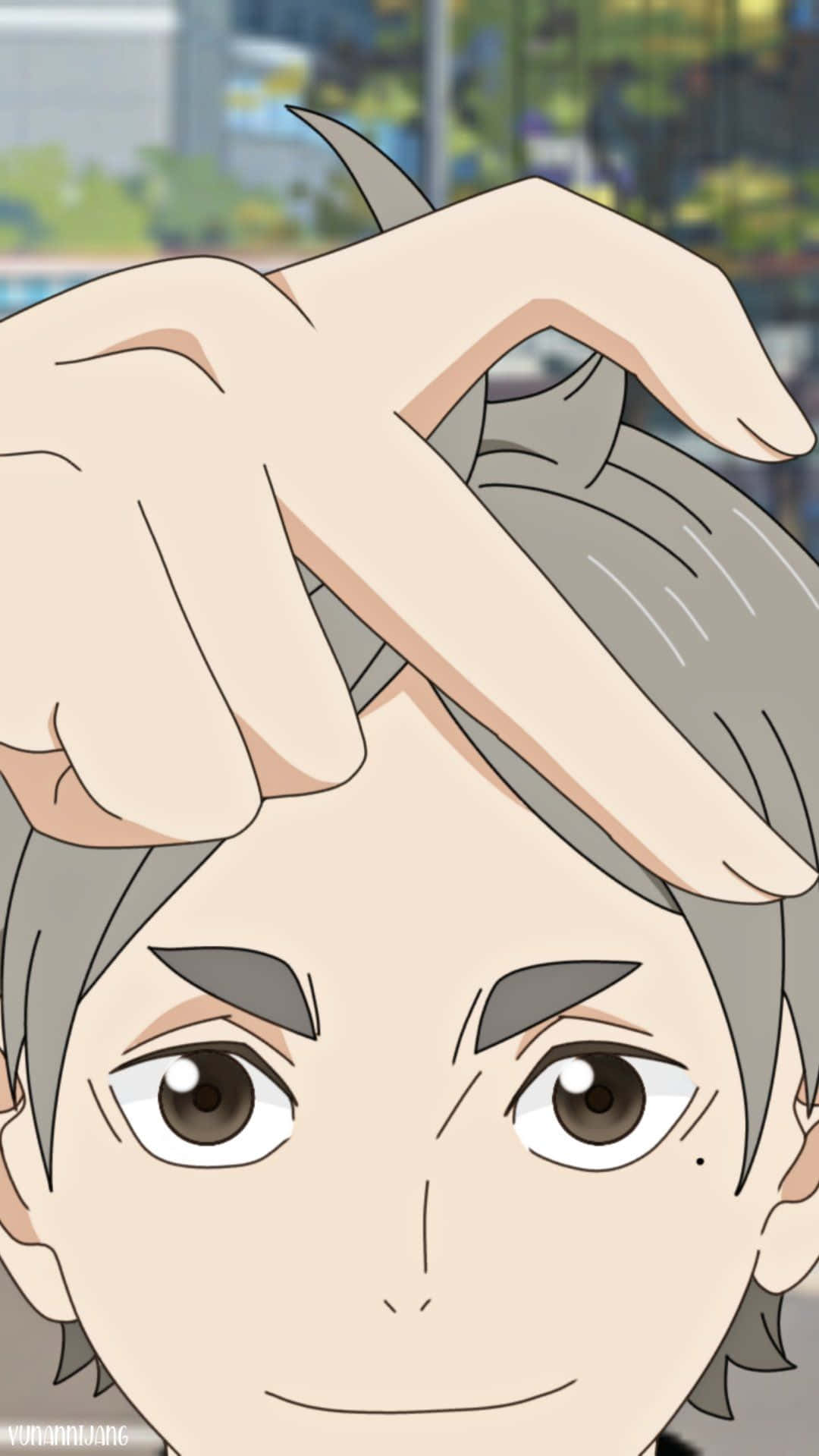 Haikyuu Character Smiling With Hand On Head Background