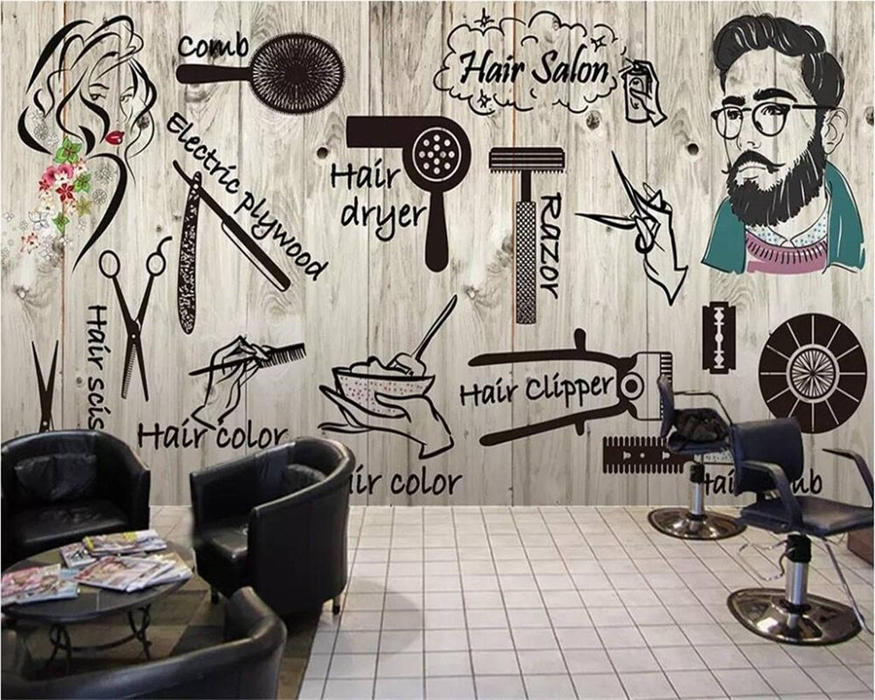 Hair Salon Wooden Doodled Wall Background
