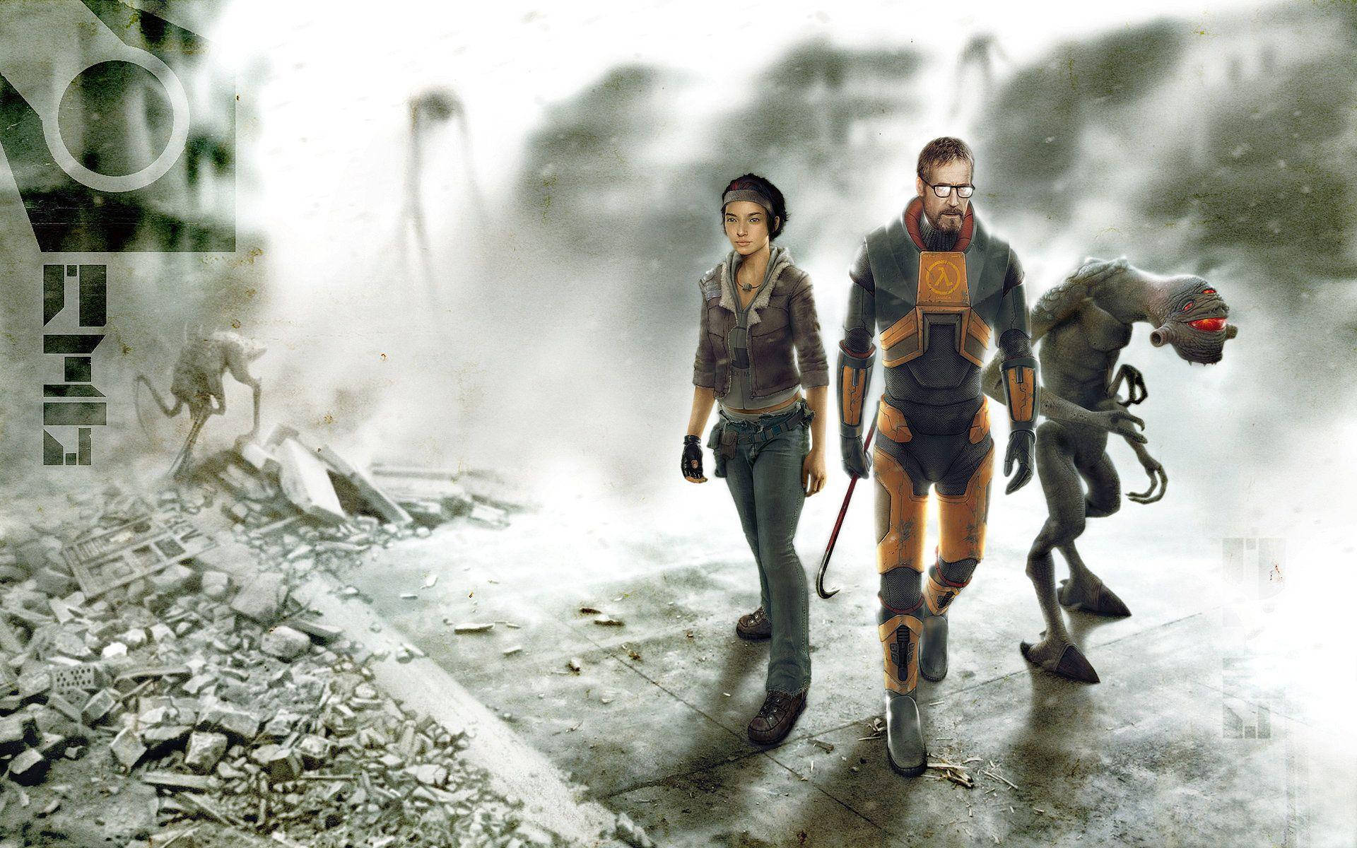 Half-life Main Characters Amid City Rubble Background