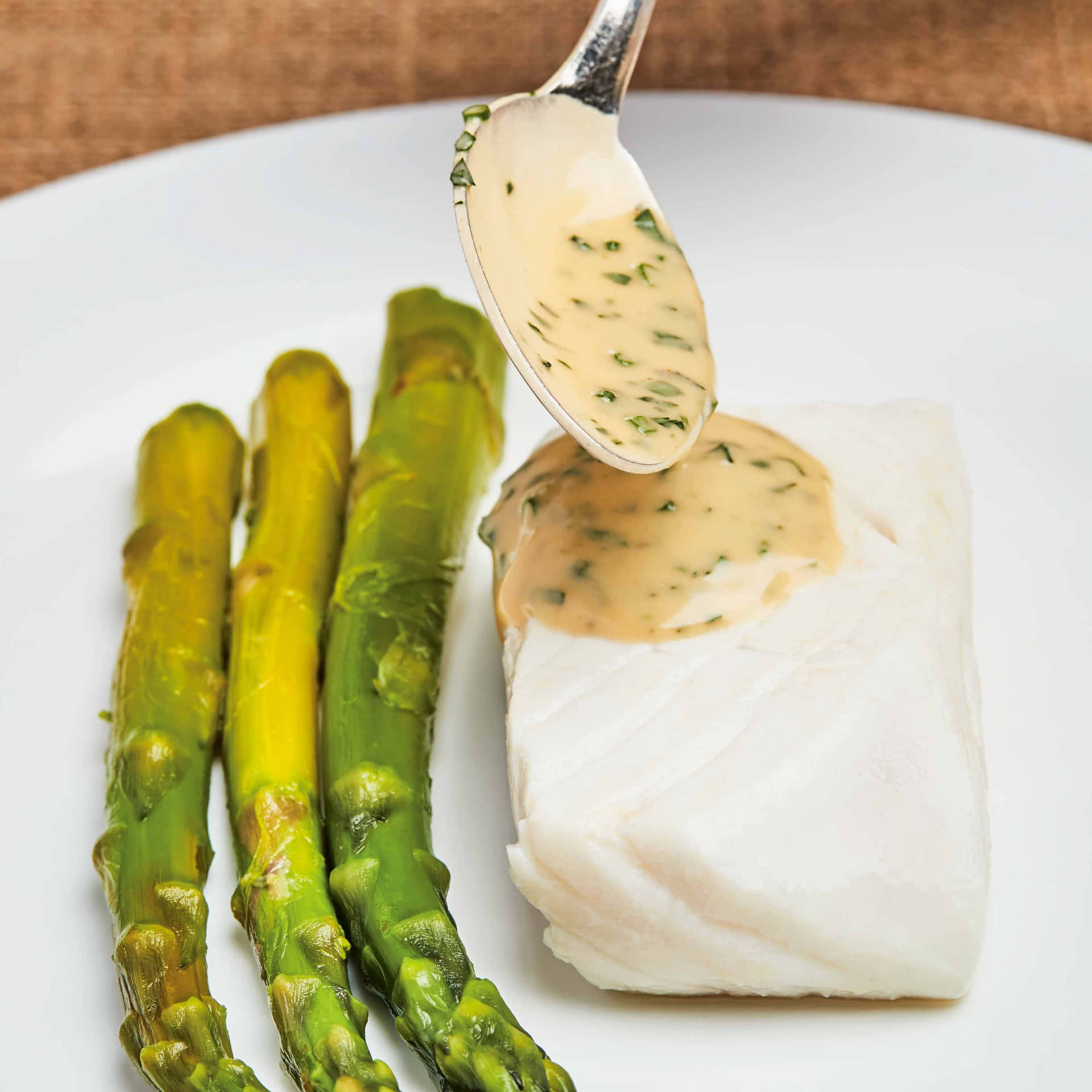 Halibut Steakwith Asparagusand Herb Sauce Background