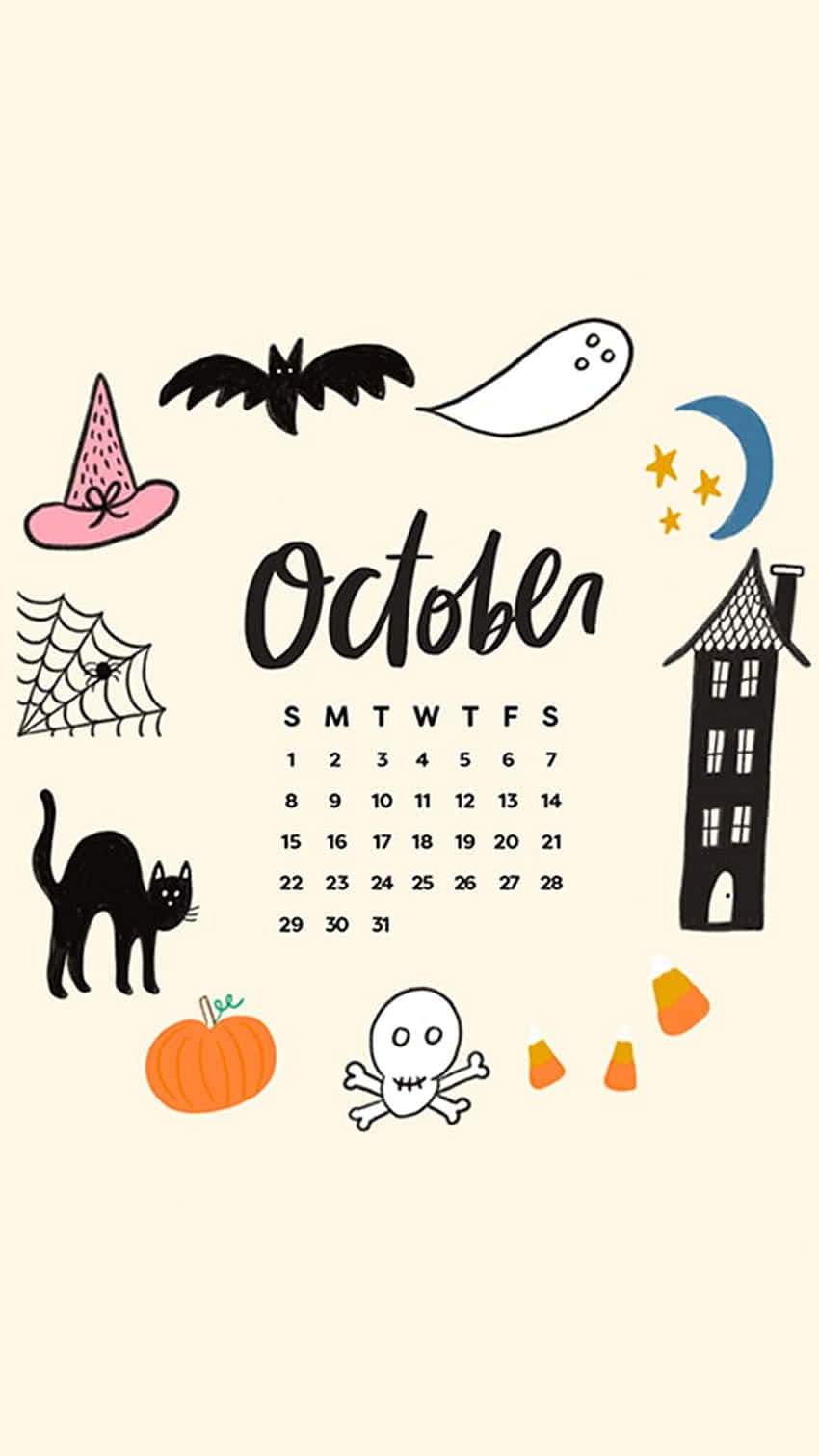 Halloween Calendar With A Black Cat, Bats, And Ghosts Background