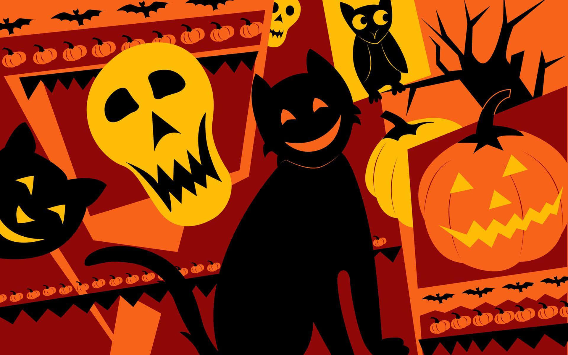 Halloween Cat And Pumpkins Background