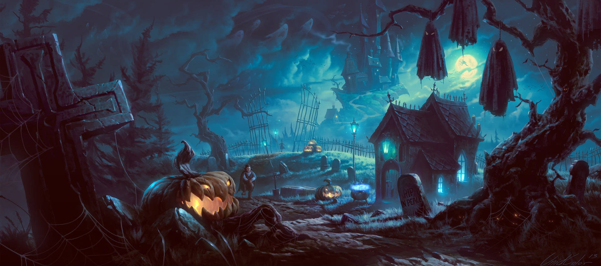 Halloween Graveyard Pumpkins Vampire Background