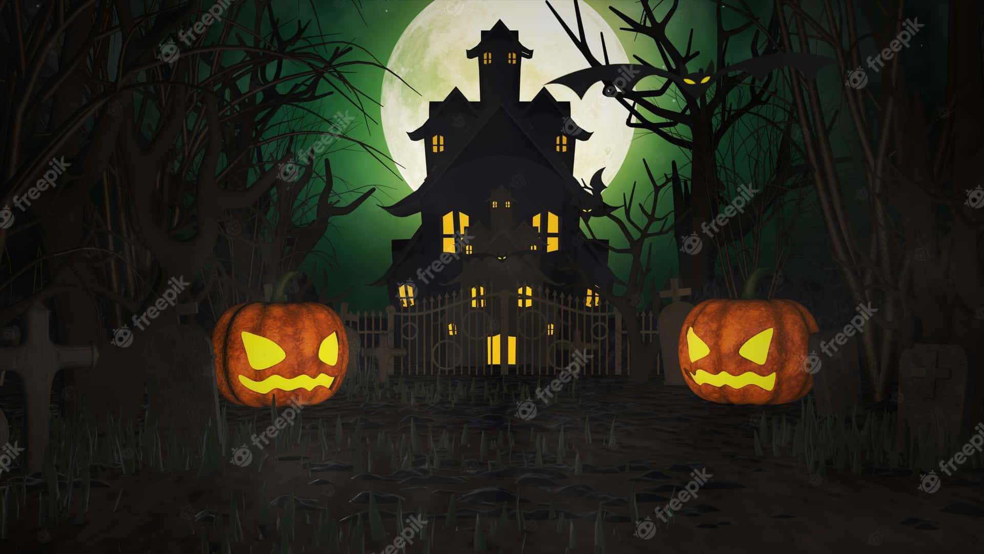 Halloween House With Pumpkins And A Full Moon Background