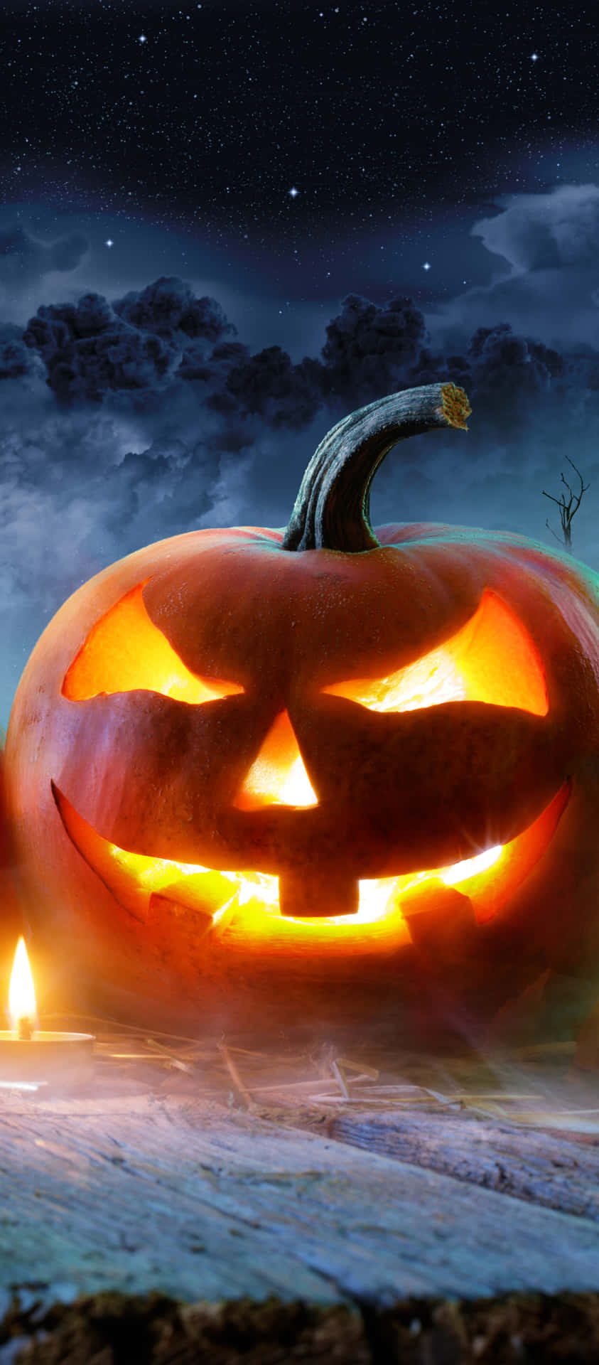 Halloween Pumpkin Glowing Under Starry Sky Background