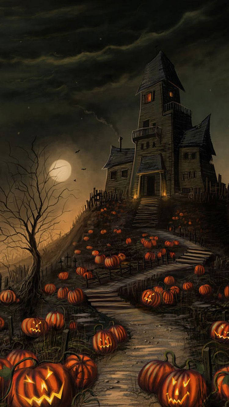 Halloween Pumpkins And A Castle In The Night Background