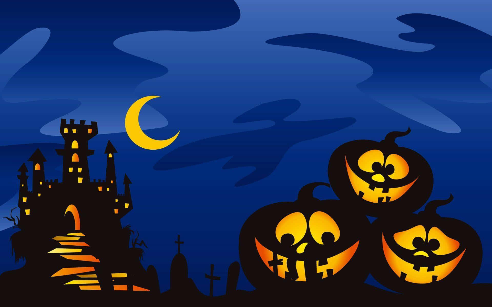 Halloween Pumpkins And Castle At Night Background