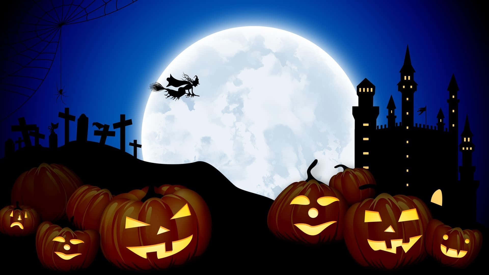 Halloween Pumpkins And Castle With Full Moon Background