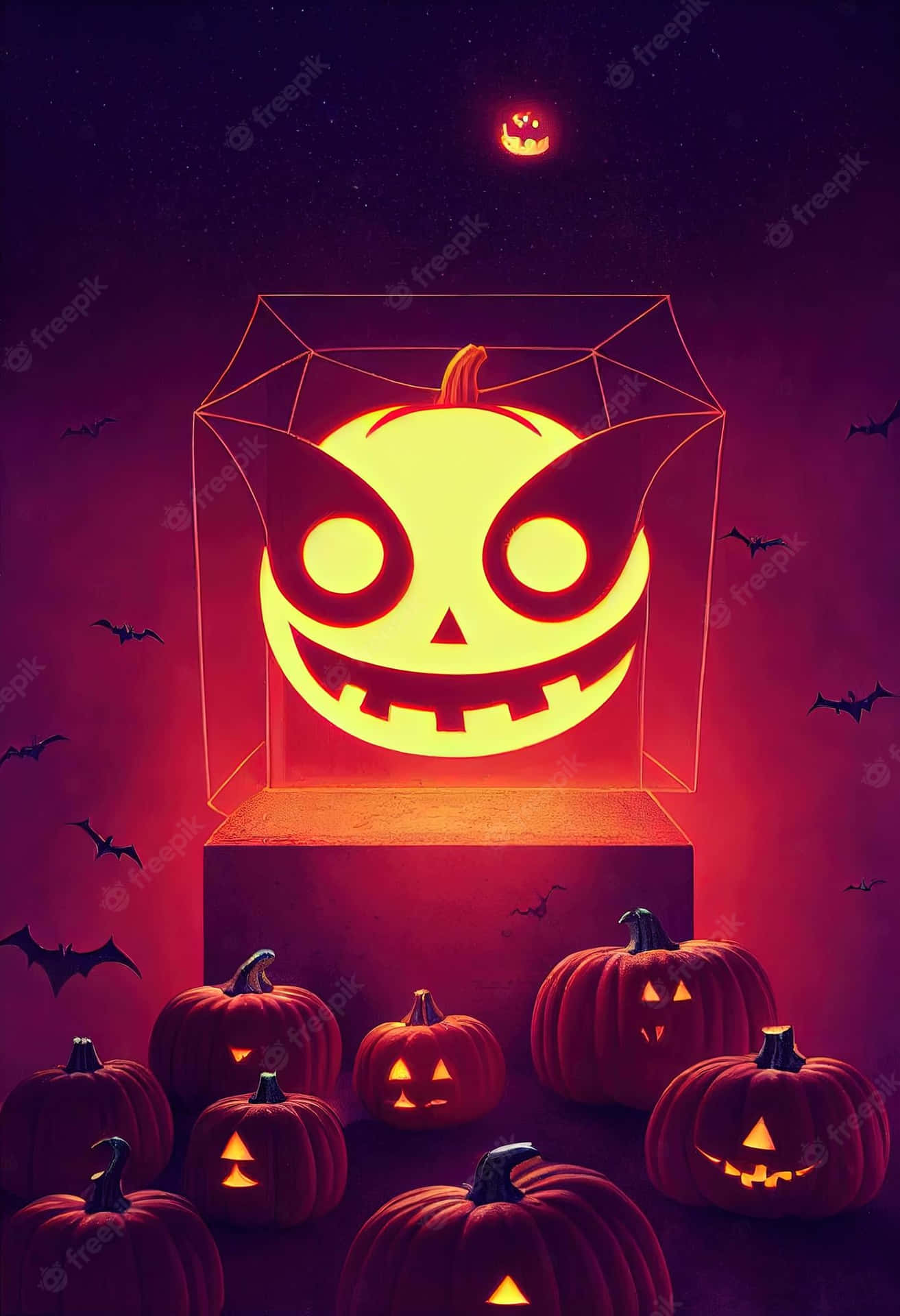 Halloween Pumpkins In A Box With A Glowing Face Background