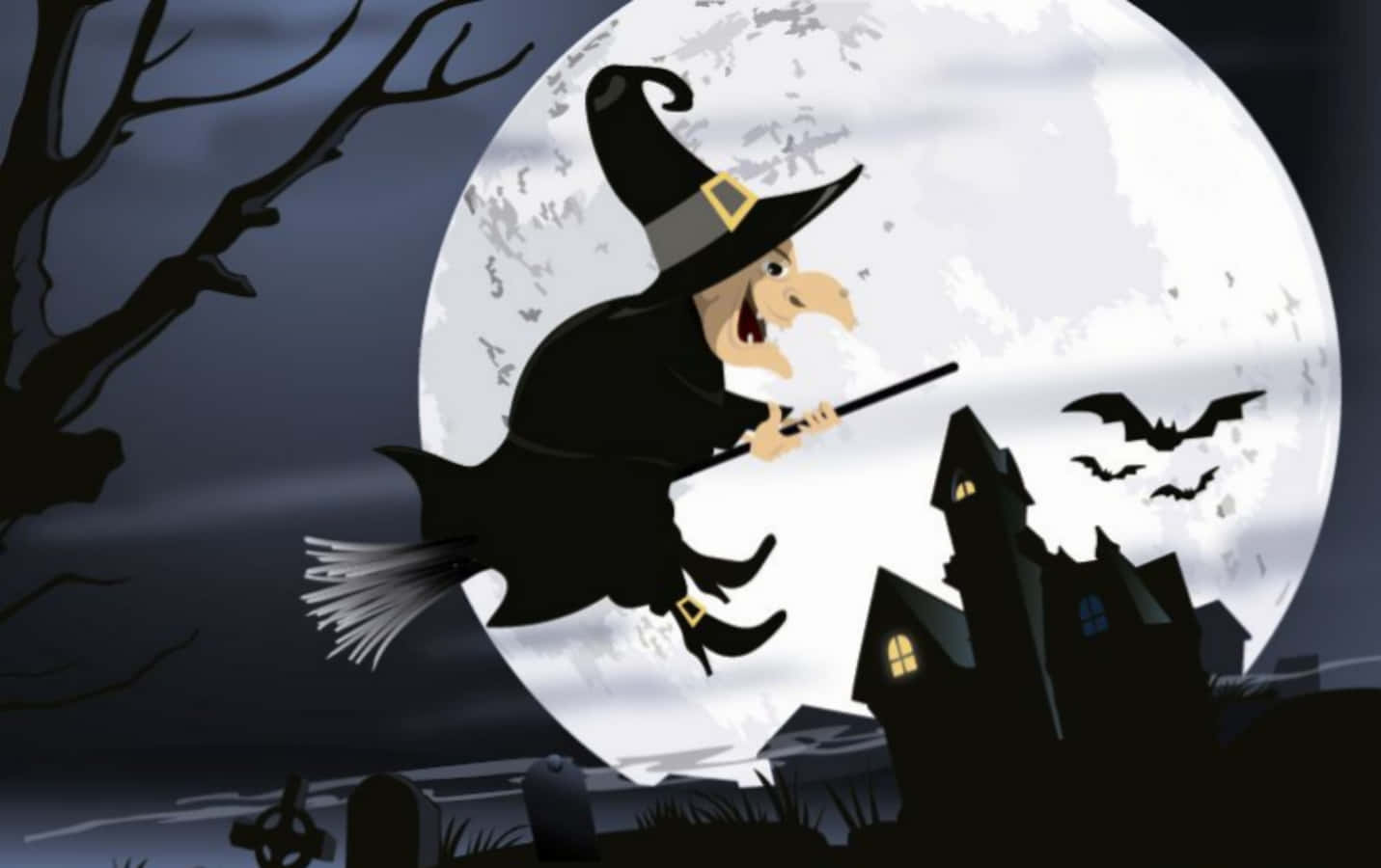 Halloween Witch Flying On A Broom In Front Of A Full Moon Background