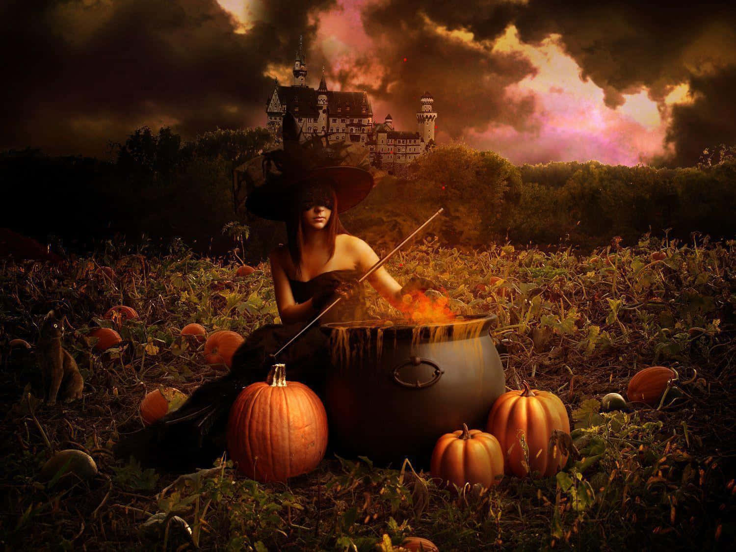 Halloween Witch With Cauldron And Pumpkin Background