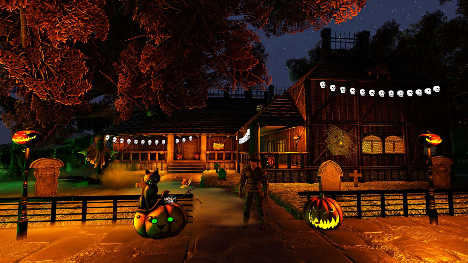 Halloweentown's Vibrant Festivities At Night Background