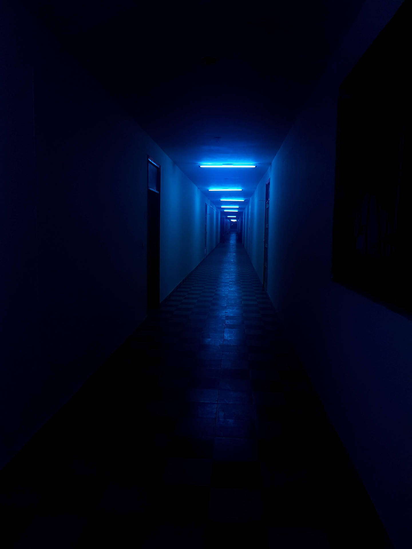 Hallway Glowing In Neon Blue Iphone Background