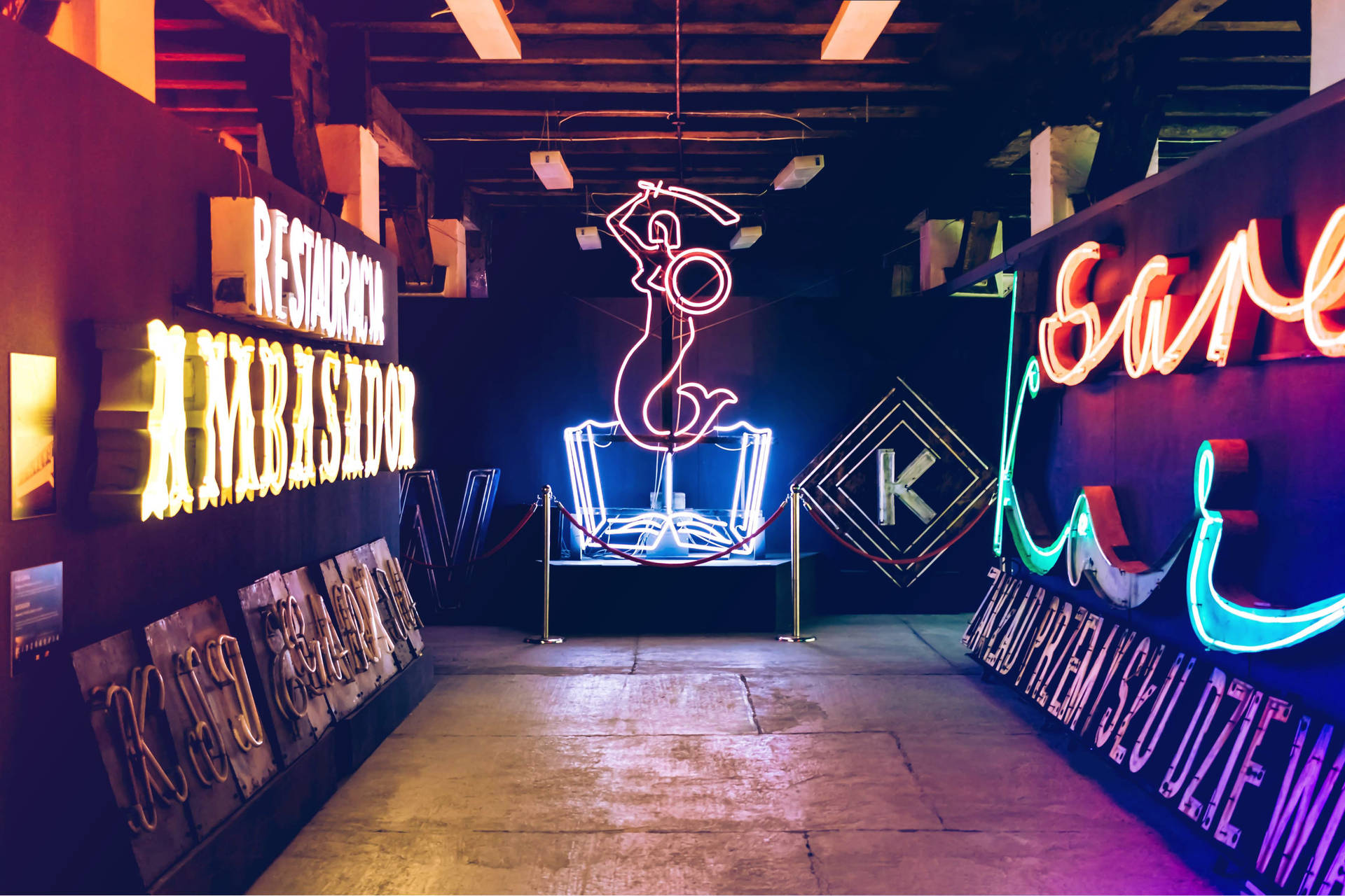 Hallway With Neon Sign Lights Background