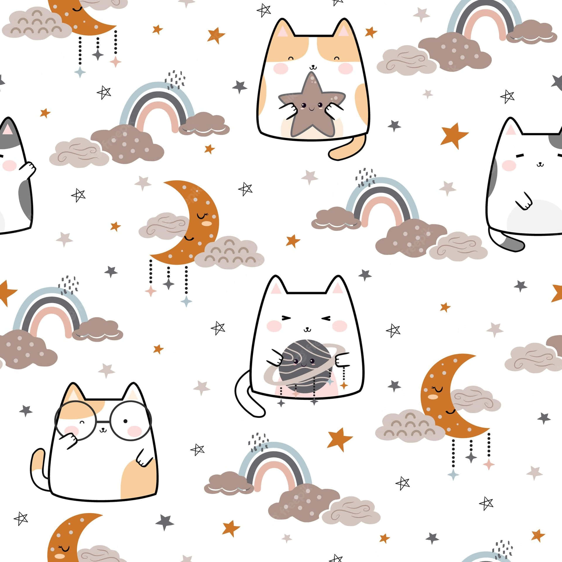 Hand Drawn Cute Cat Pattern Background