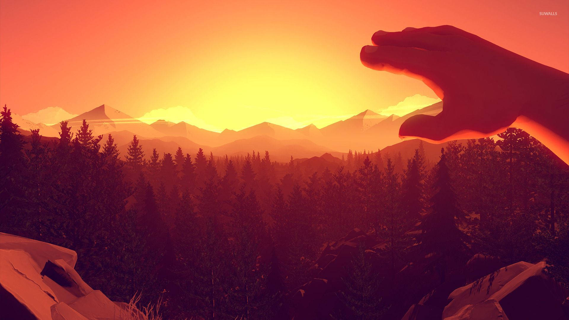Hand On Firewatch Forest Sunset Background