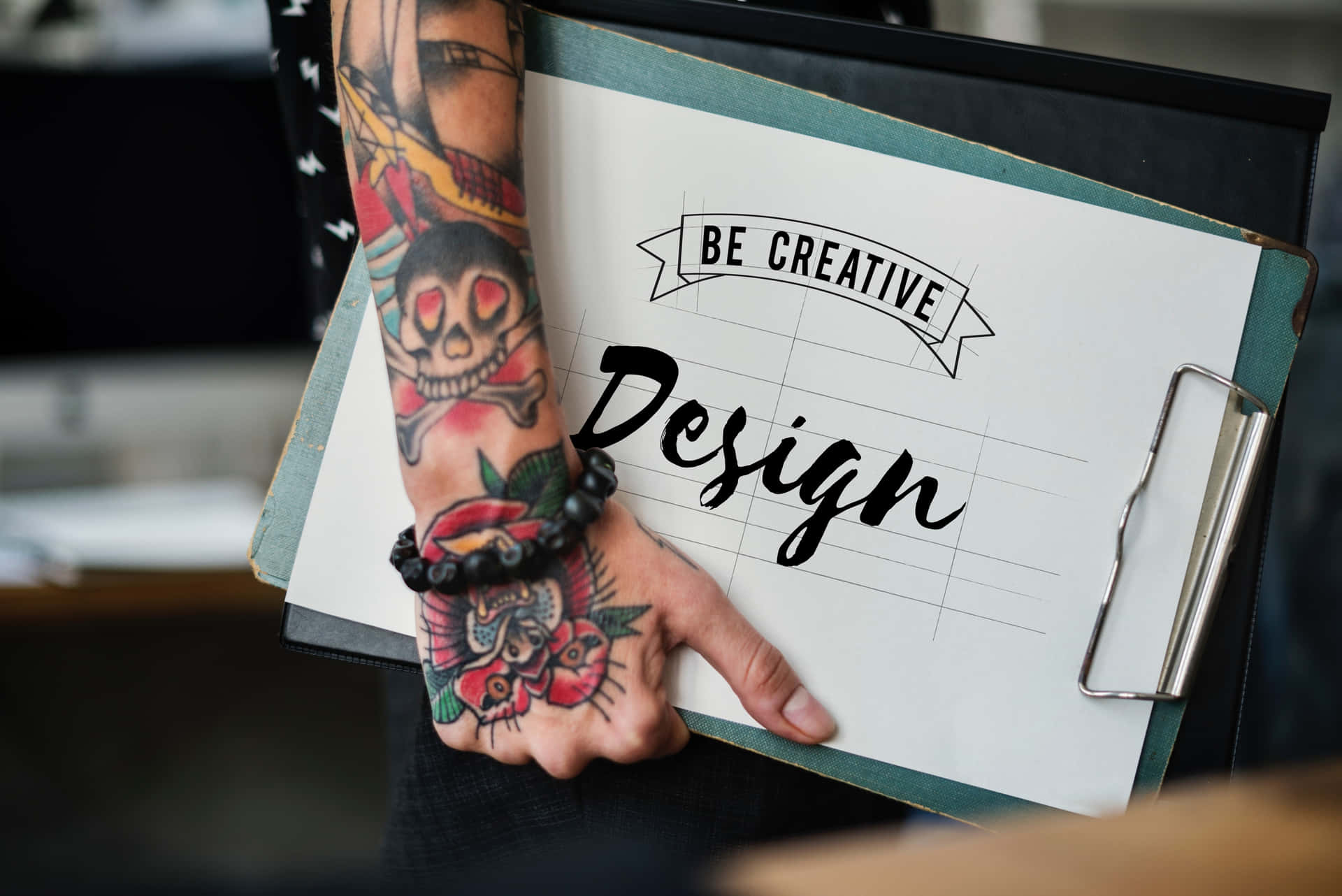 Hand Tattoo With Be Creative Clipboard Design Background