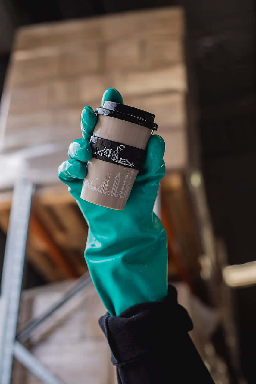Hand With Green Gloves Holding A Disposable Cup Background