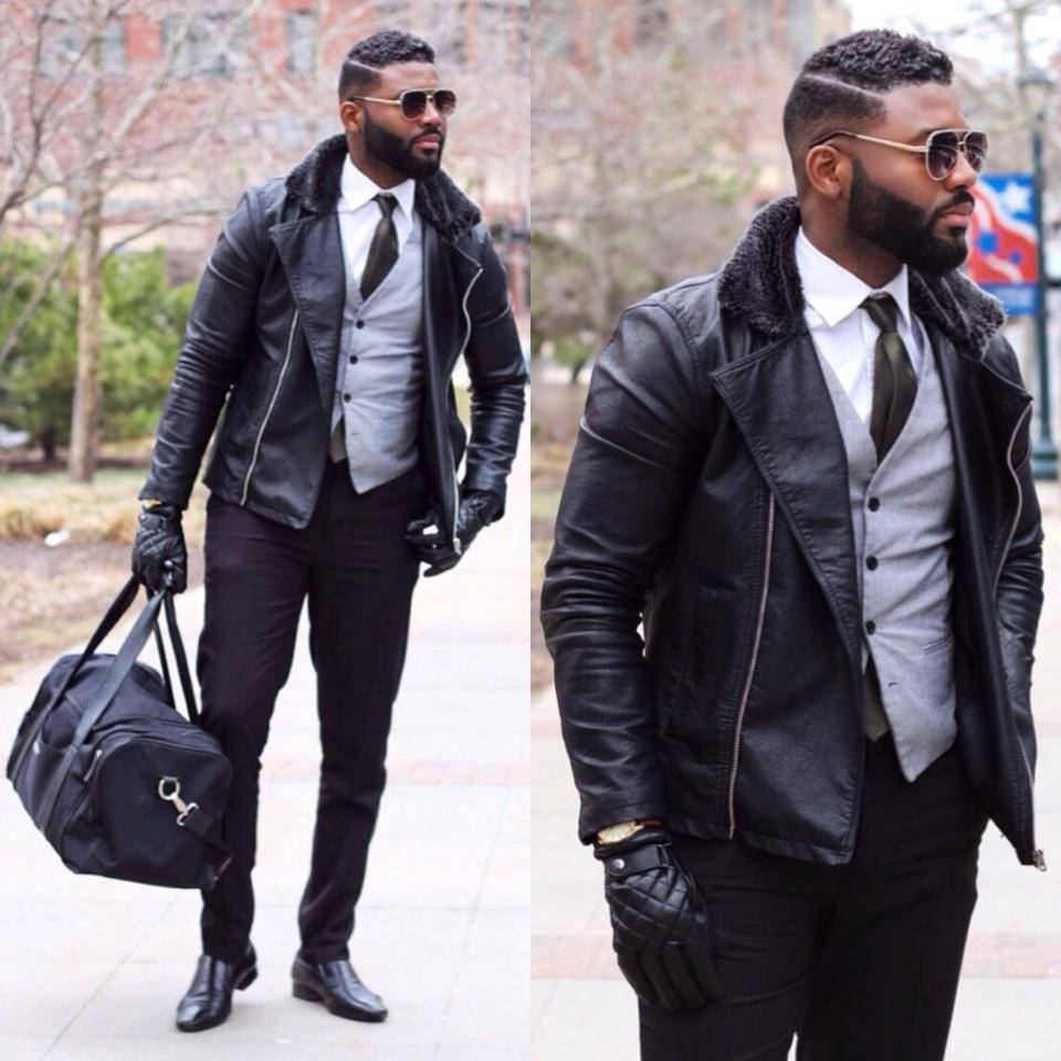 Handsome Black Man Leather Jacket