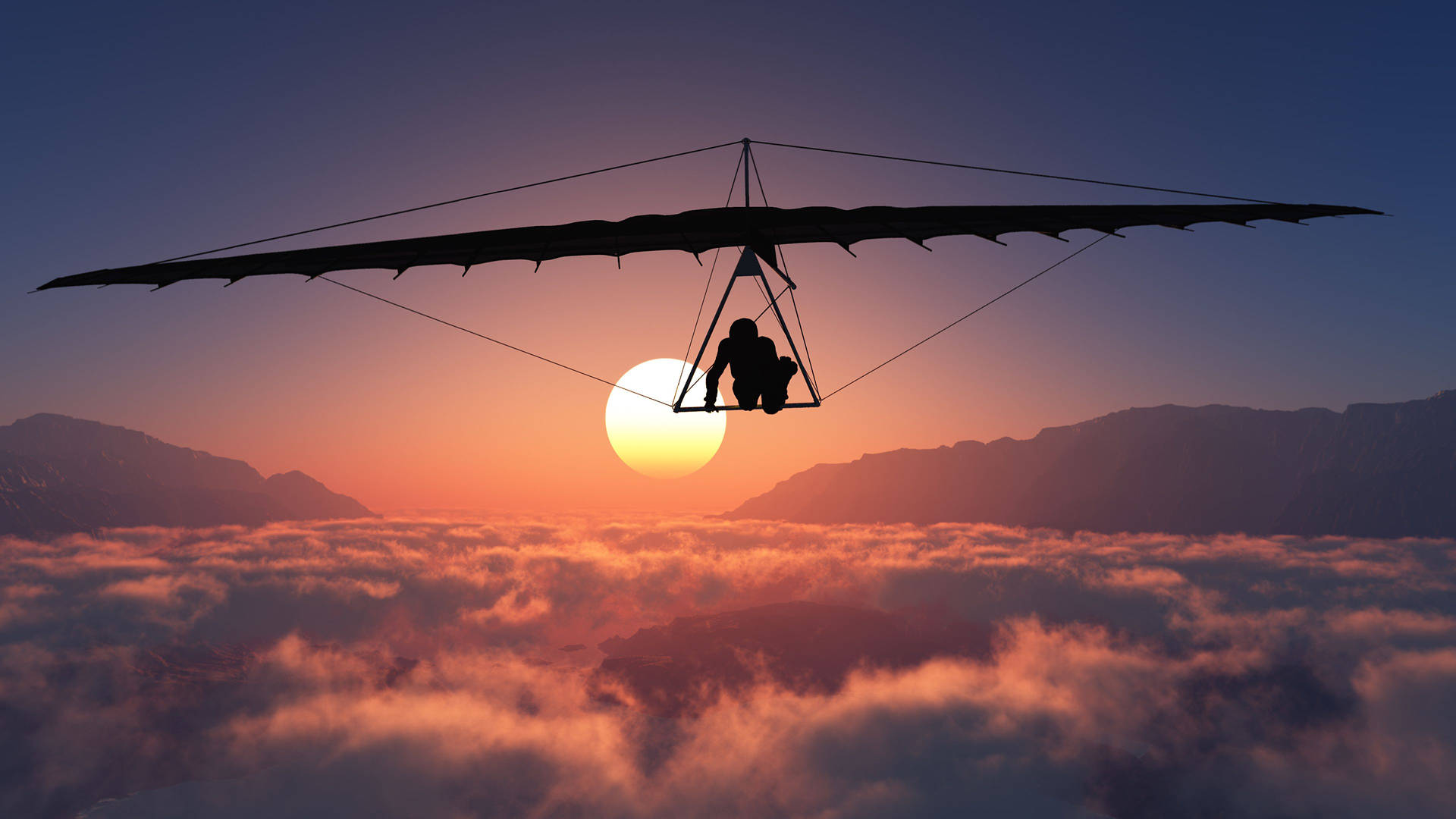 Hang Gliding Over Clouds Sunset Background