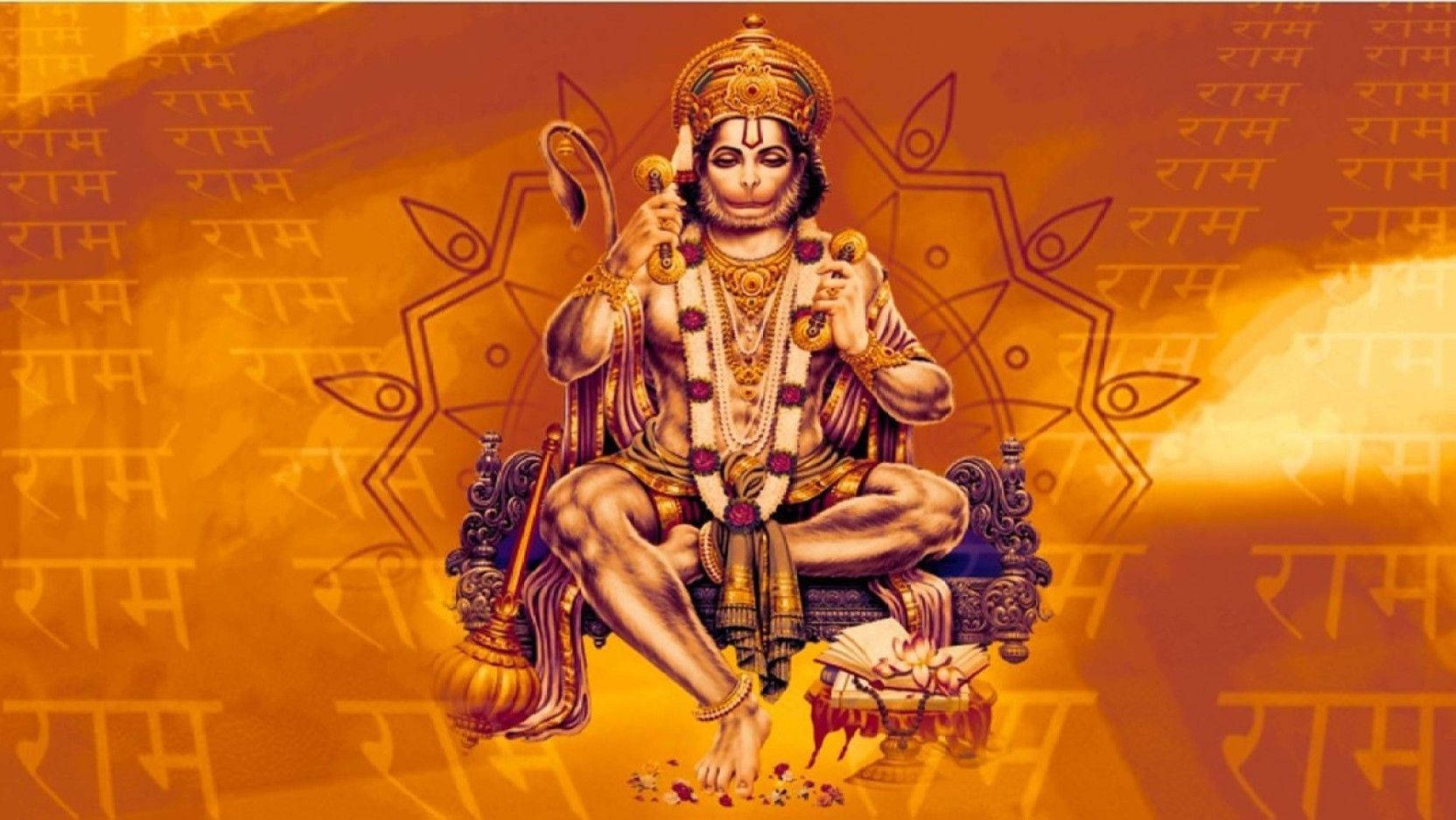 Hanuman On Gold Flower Symbol 4k Hd Background