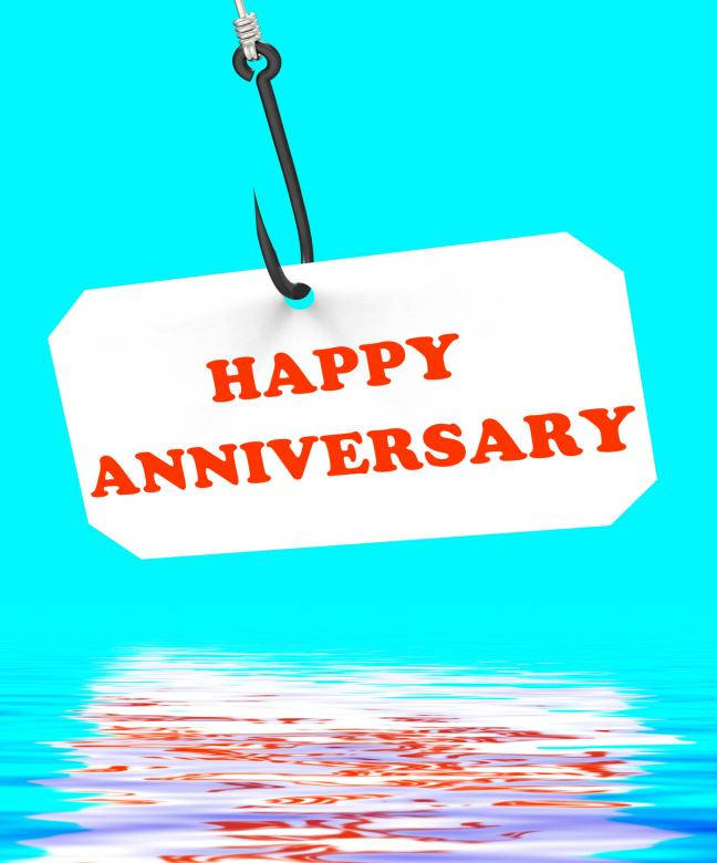 Happy Anniversary Greetings On Fish Hook Background