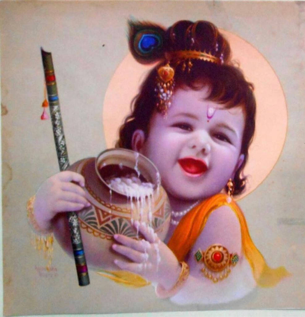 Happy Bal Krishna Holding His Amritadohani Background