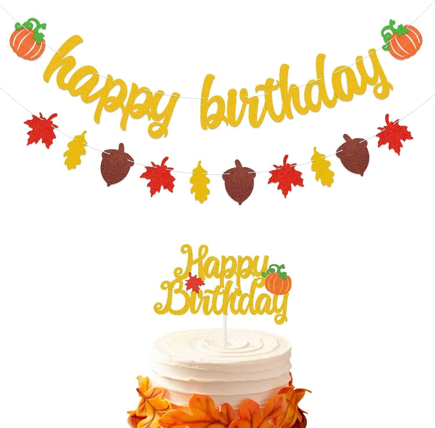 Happy Birthday Banner With Leaves And A Cake Background