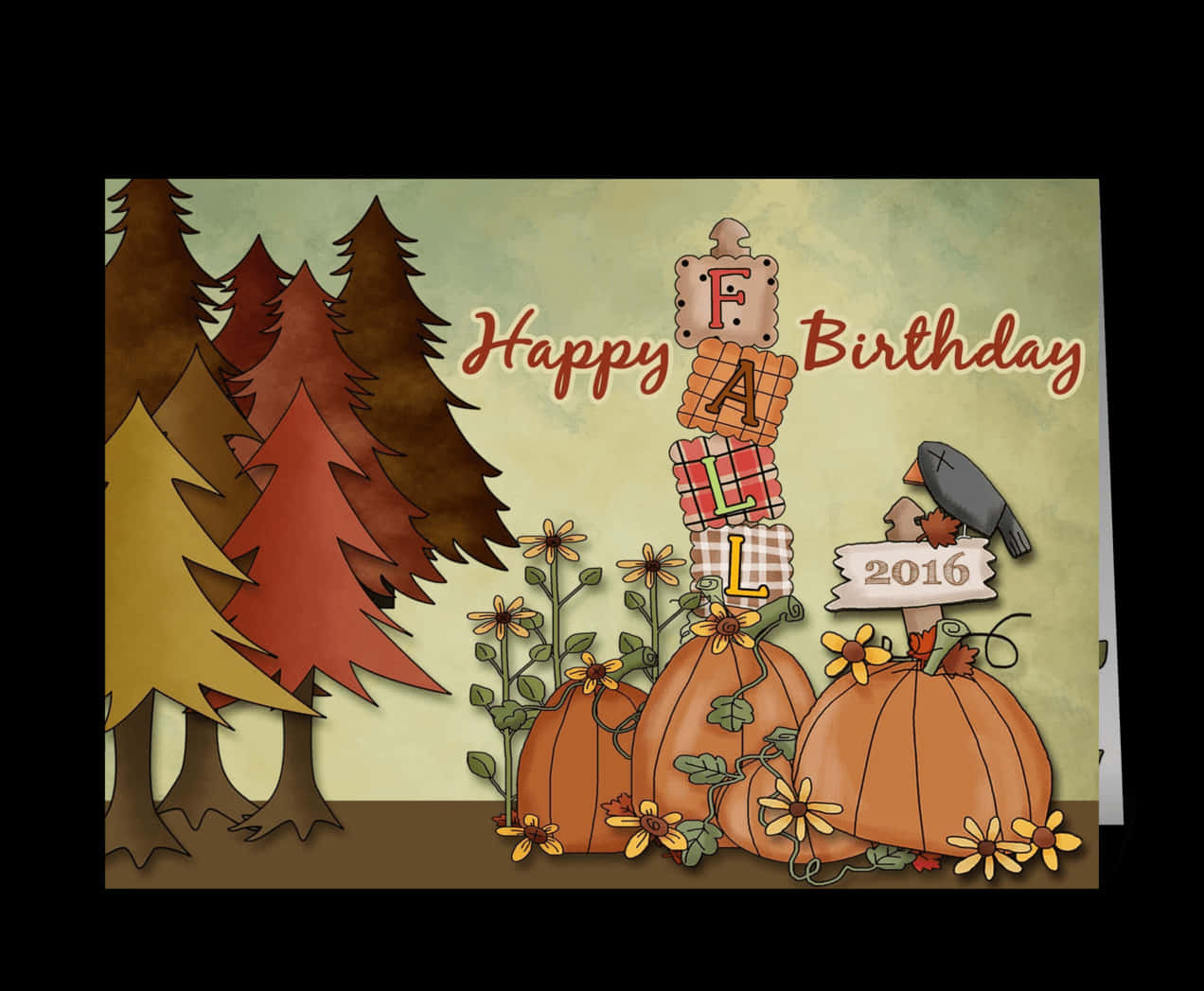 Happy Birthday Card With Pumpkins And A Bird Background