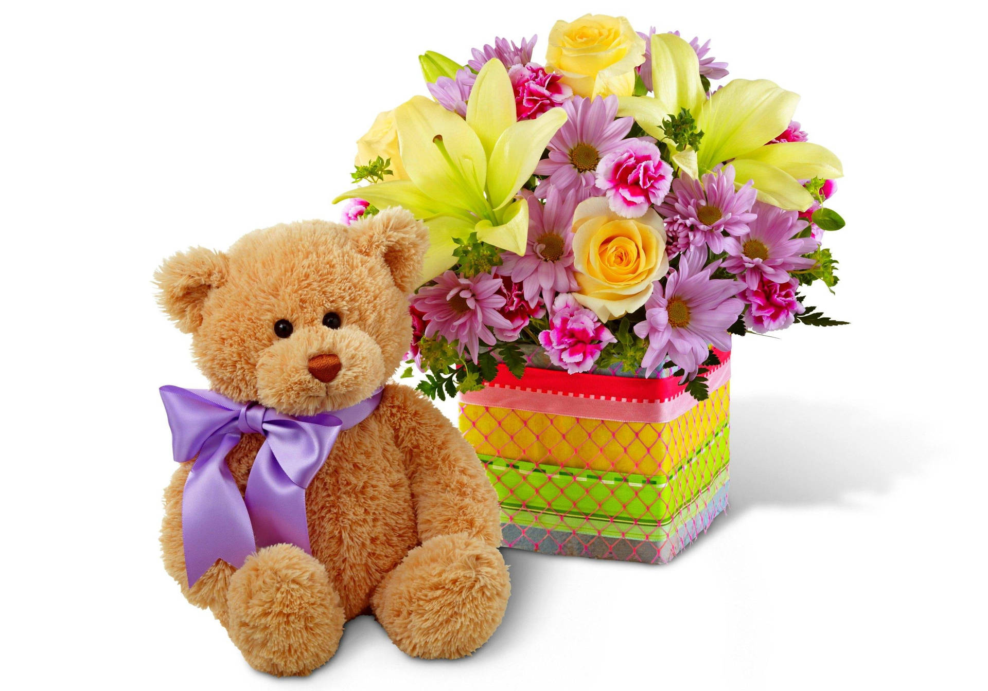 Happy Birthday Flowers And Teddy Bear Background