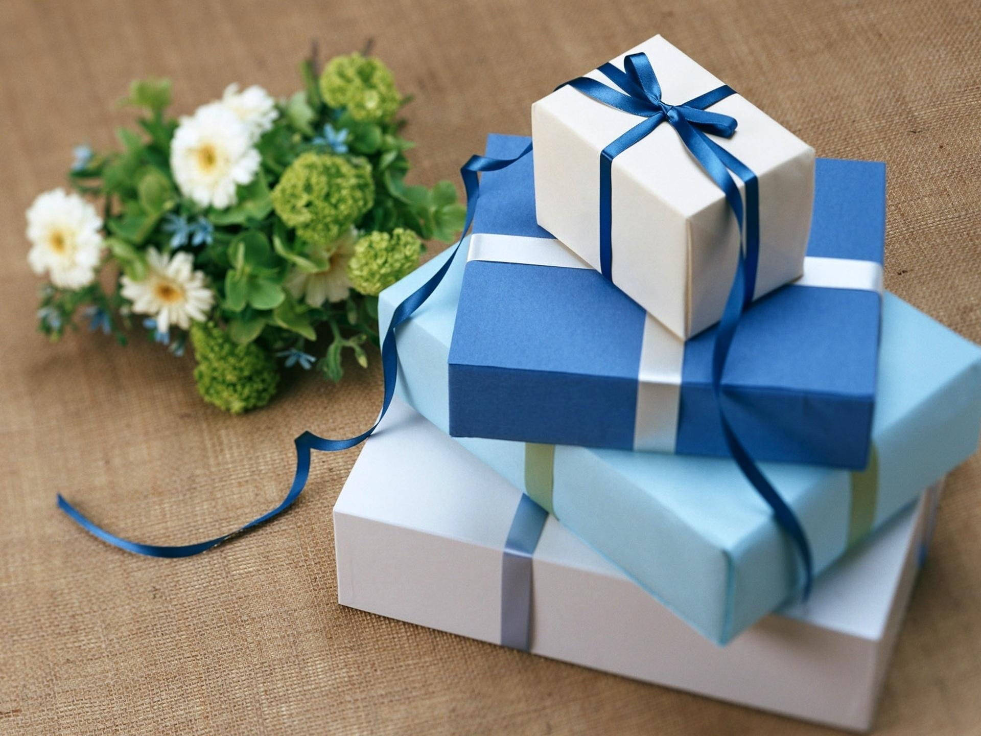 Happy Birthday Flowers Blue Boxes Background