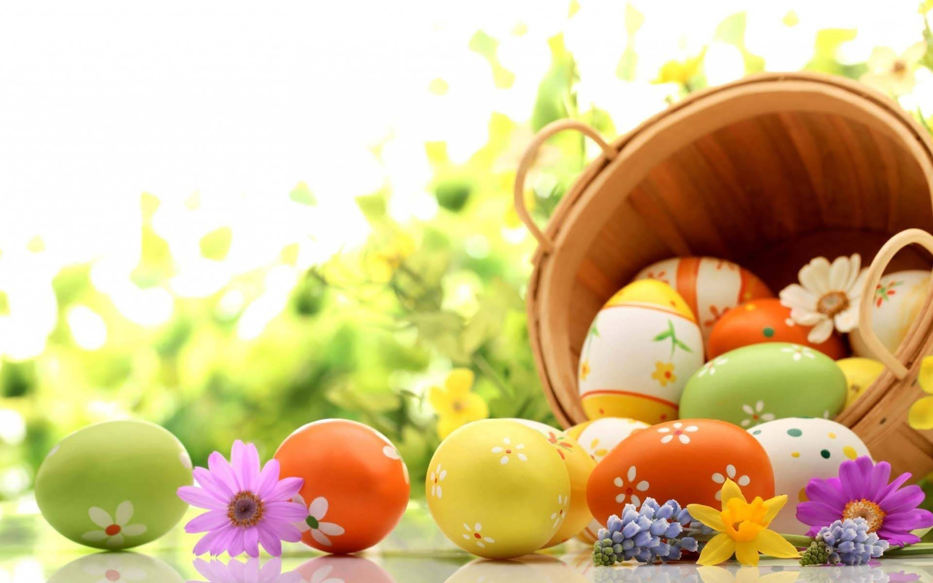 Happy Easter Basket Rolling With Colorful Eggs Background