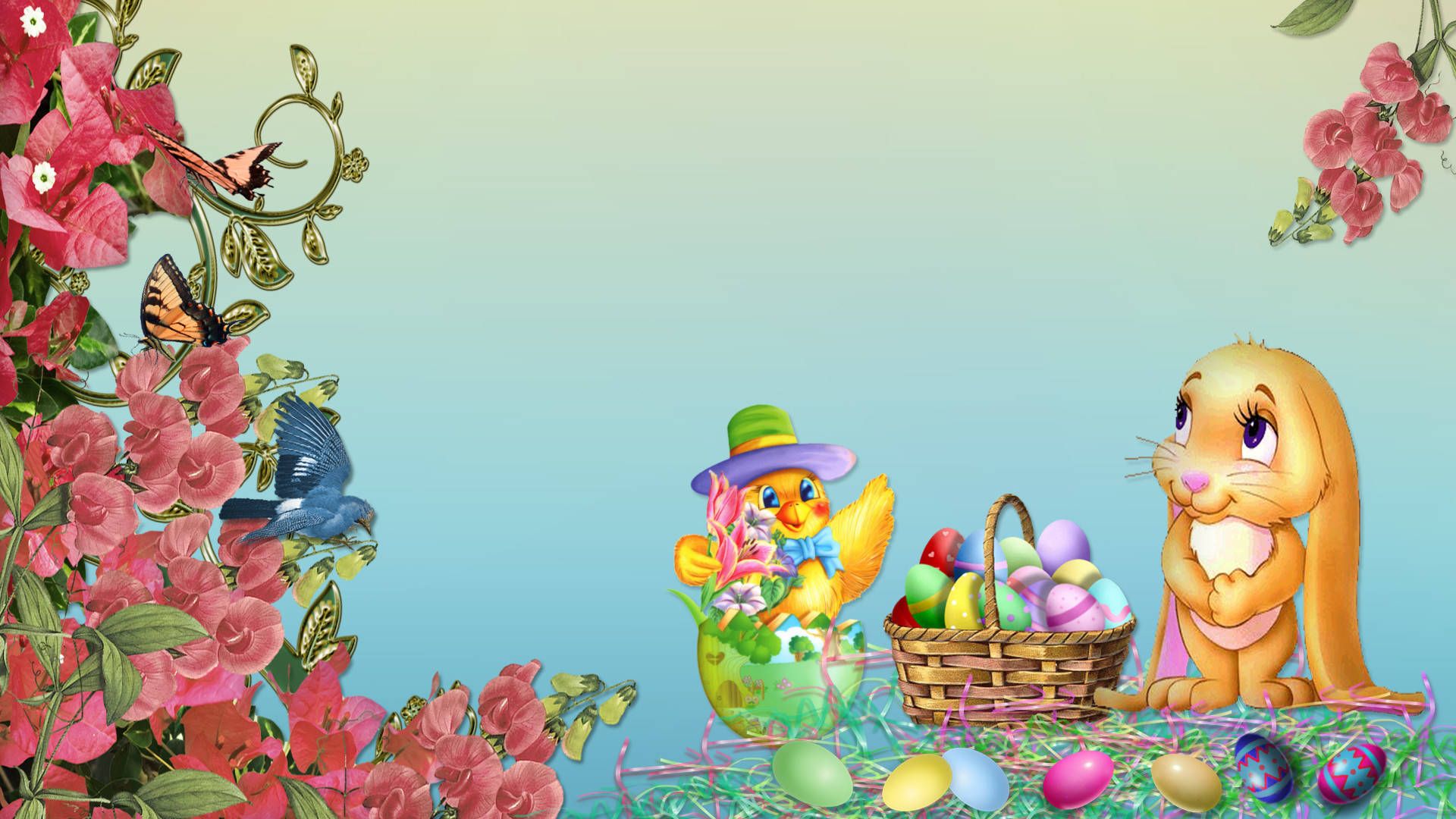 Happy Easter Bunny And Chicks Cartoon With Eggs Background