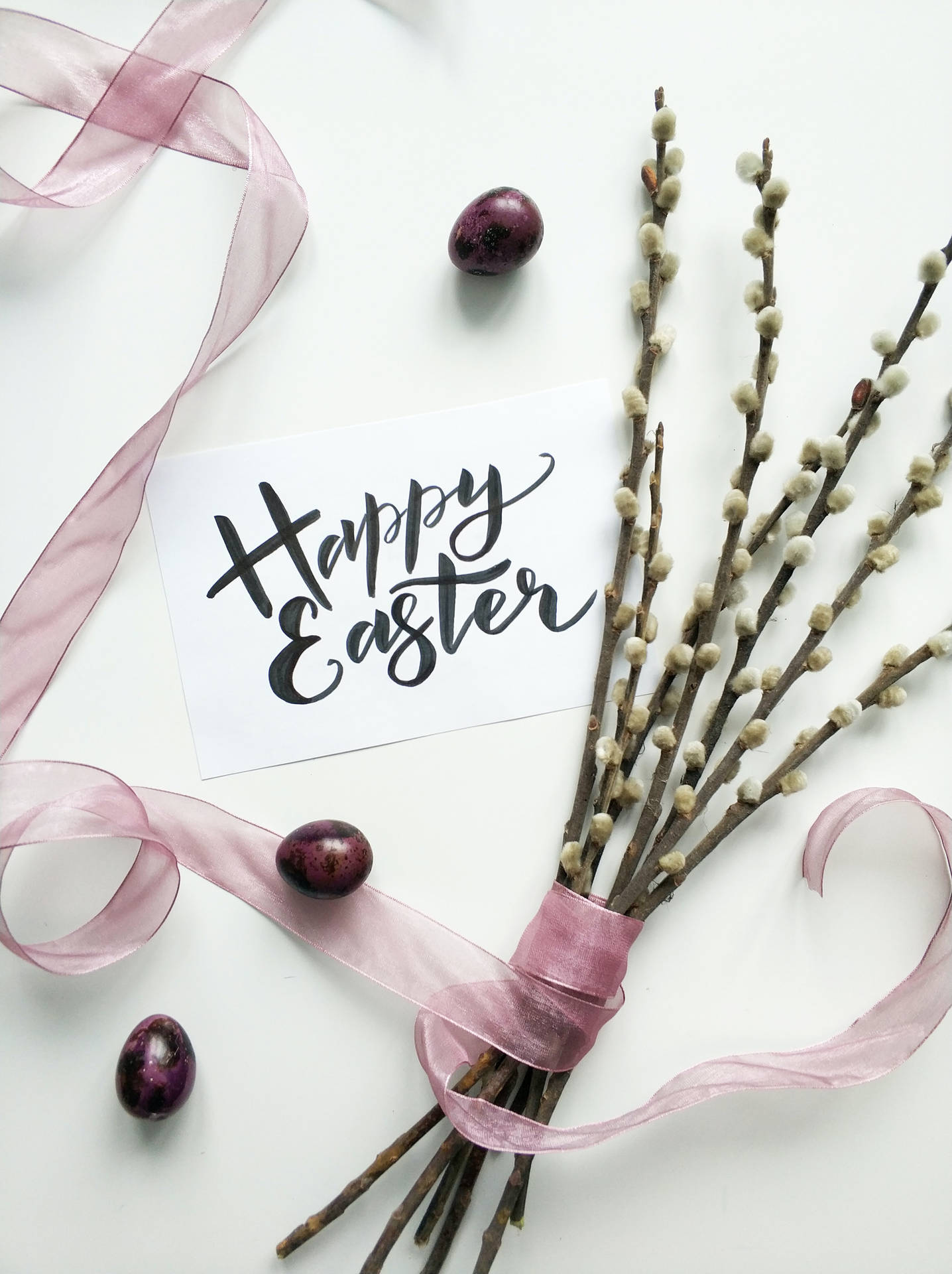 Happy Easter Calligraphy Flat Lay With Willow Twigs Background