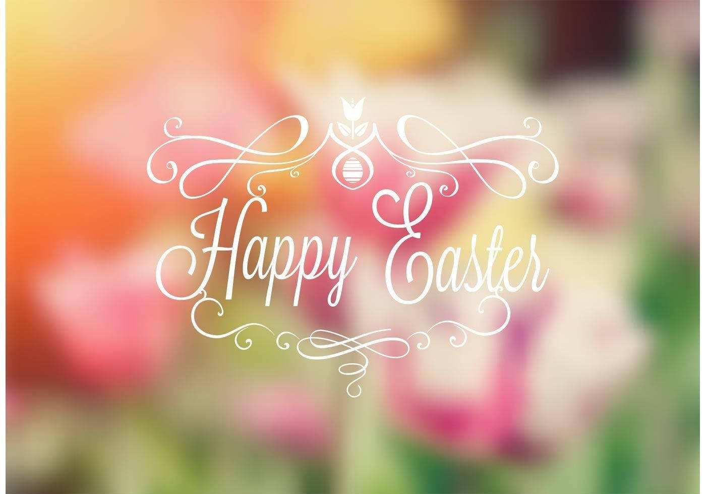 Happy Easter Calligraphy Over Blurry Flowers Background