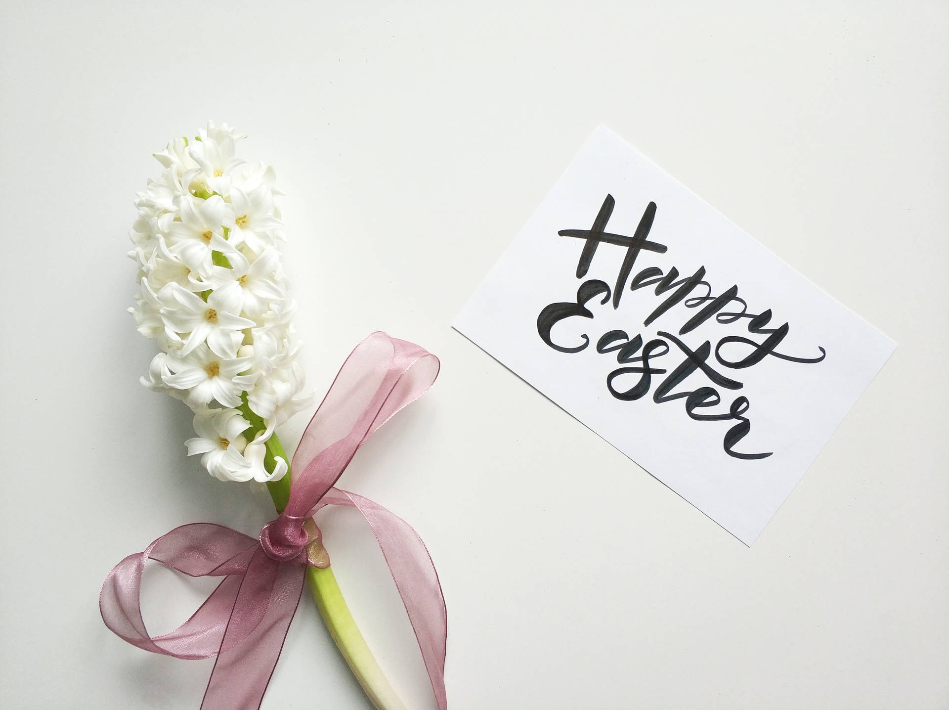 Happy Easter Card Greeting Flat Lay With Hyacinth Background