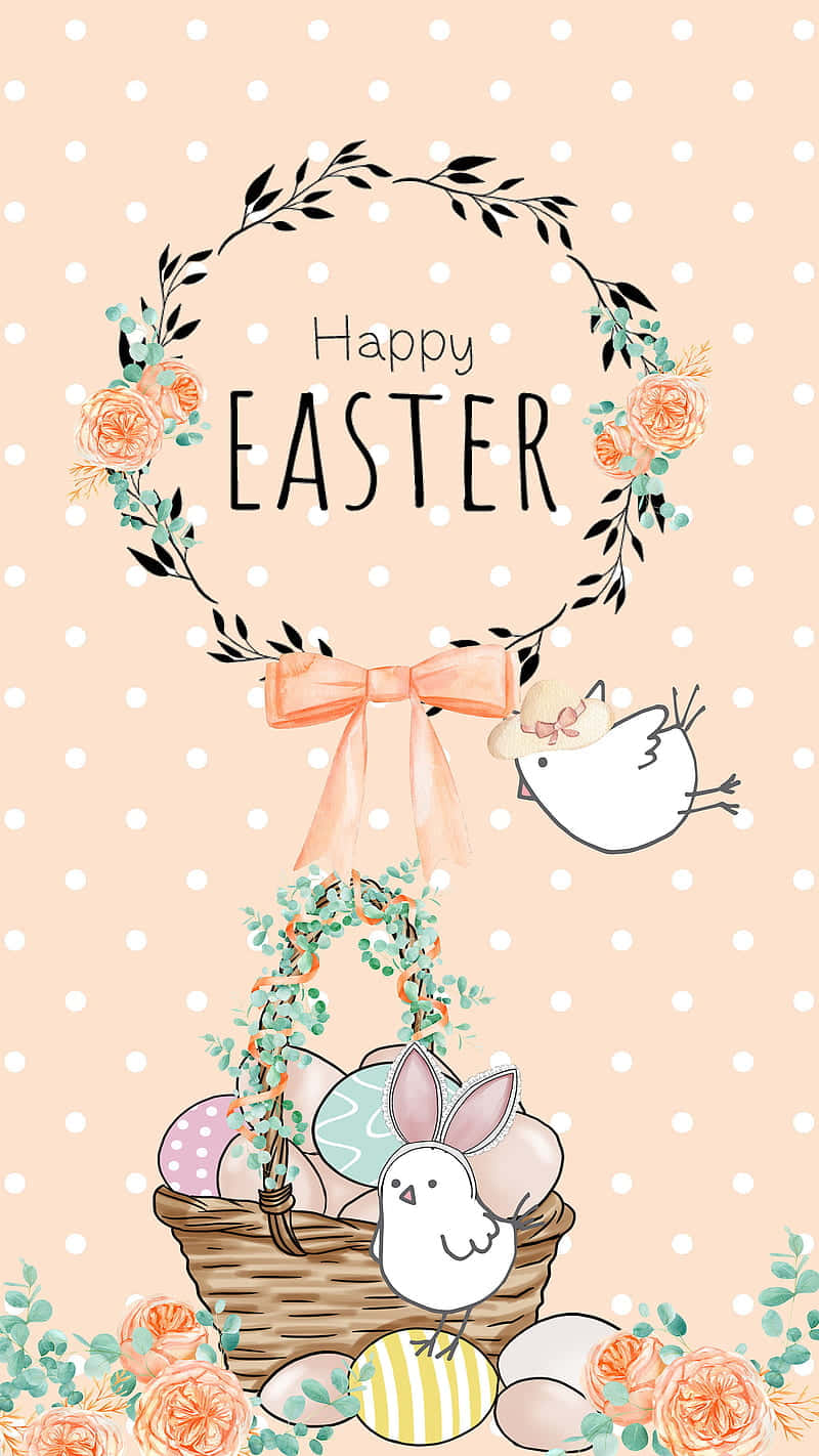 Happy Easter Card With A Basket And Flowers Background