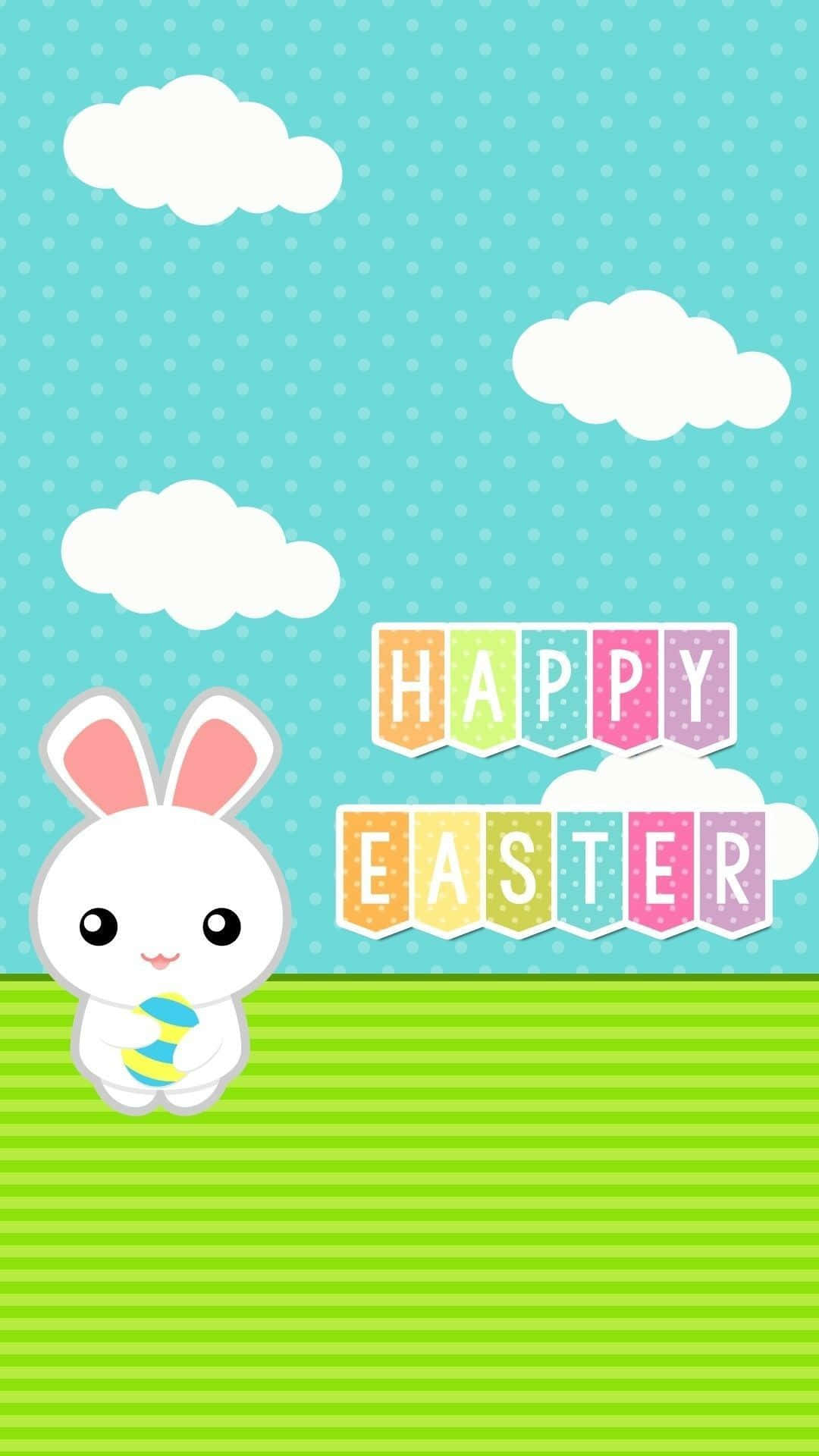Happy Easter Card With Bunny And Clouds Background
