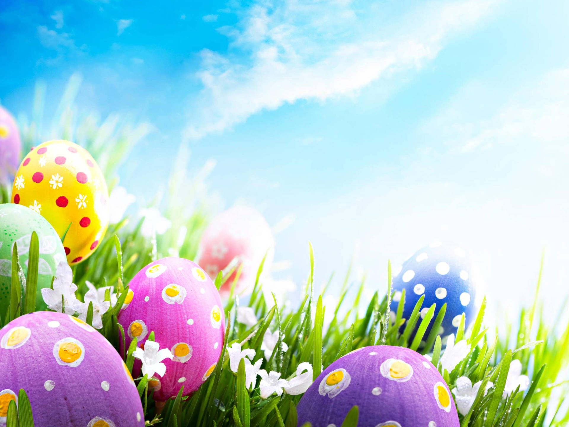 Happy Easter Eggs With Cloud Scenery And Grass Background