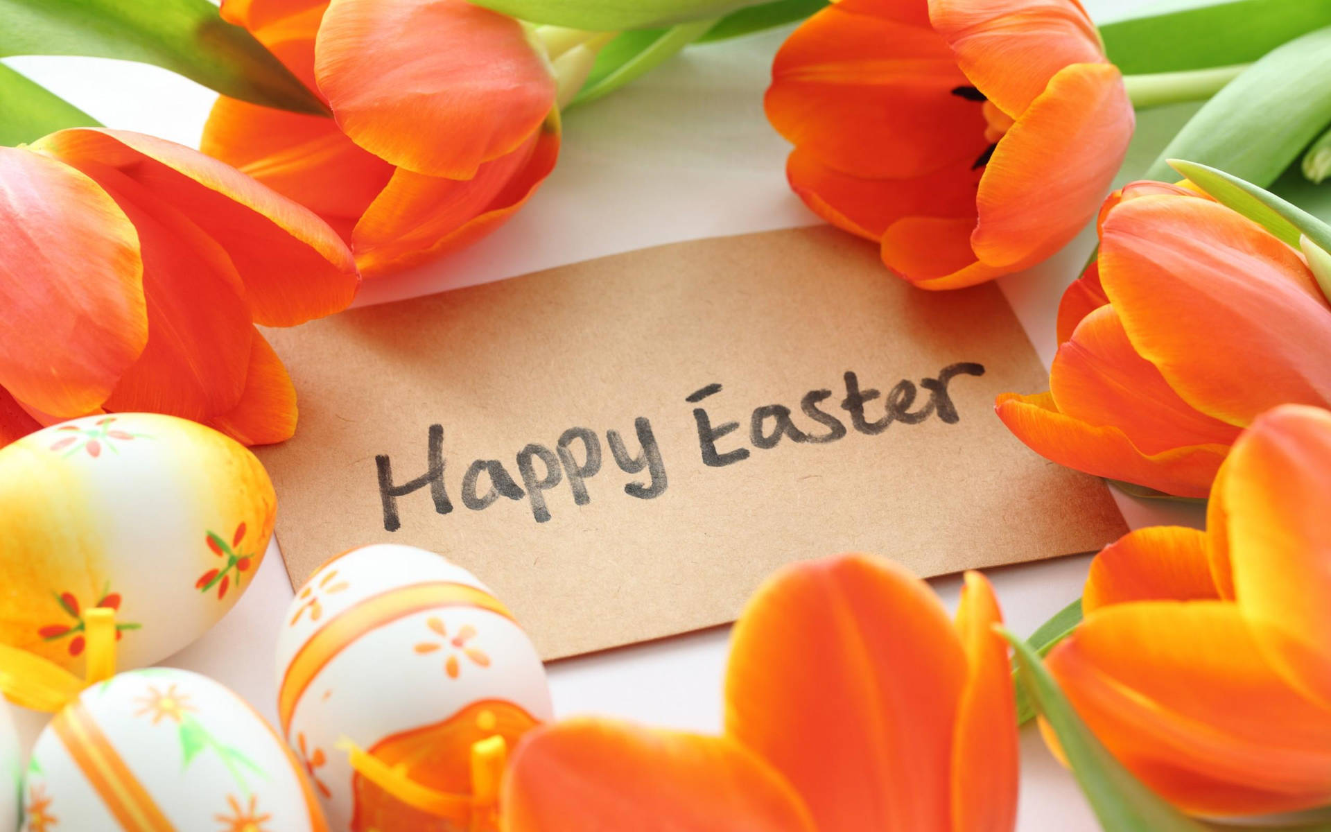 Happy Easter Greeting Card With Orange Tulips Background