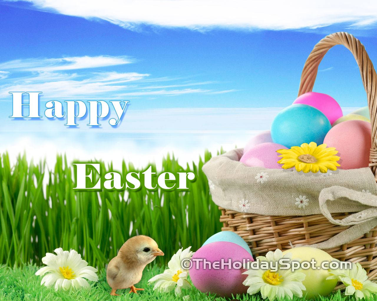 Happy Easter Greetings With Eggs And Chick Background