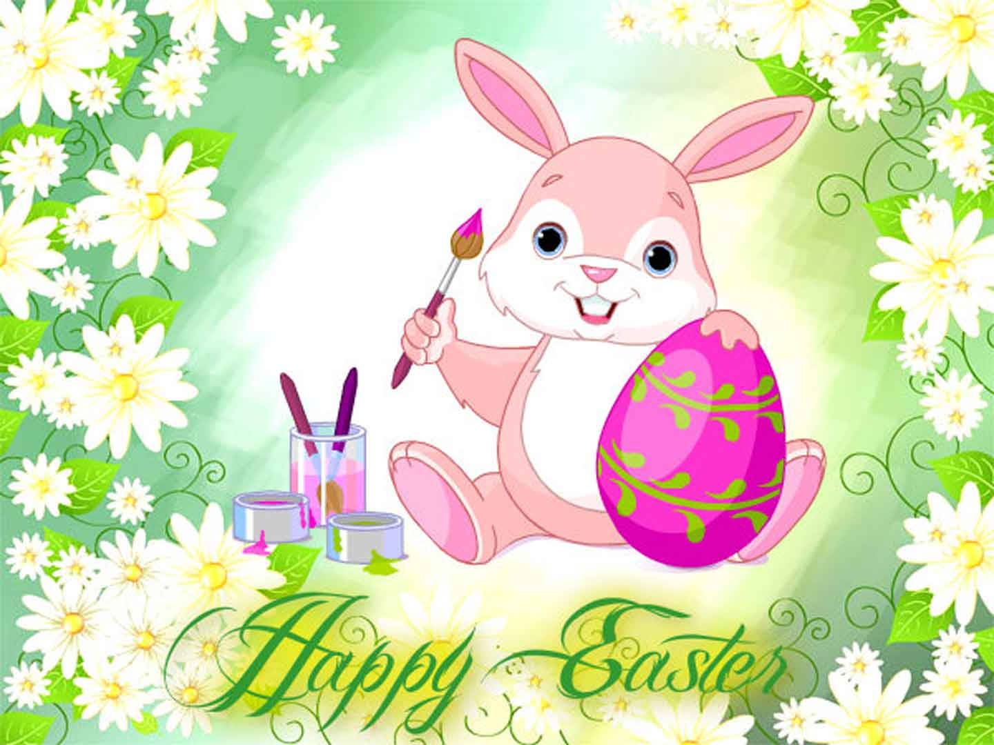 Happy Easter Poster With Pink Painting Bunny Background